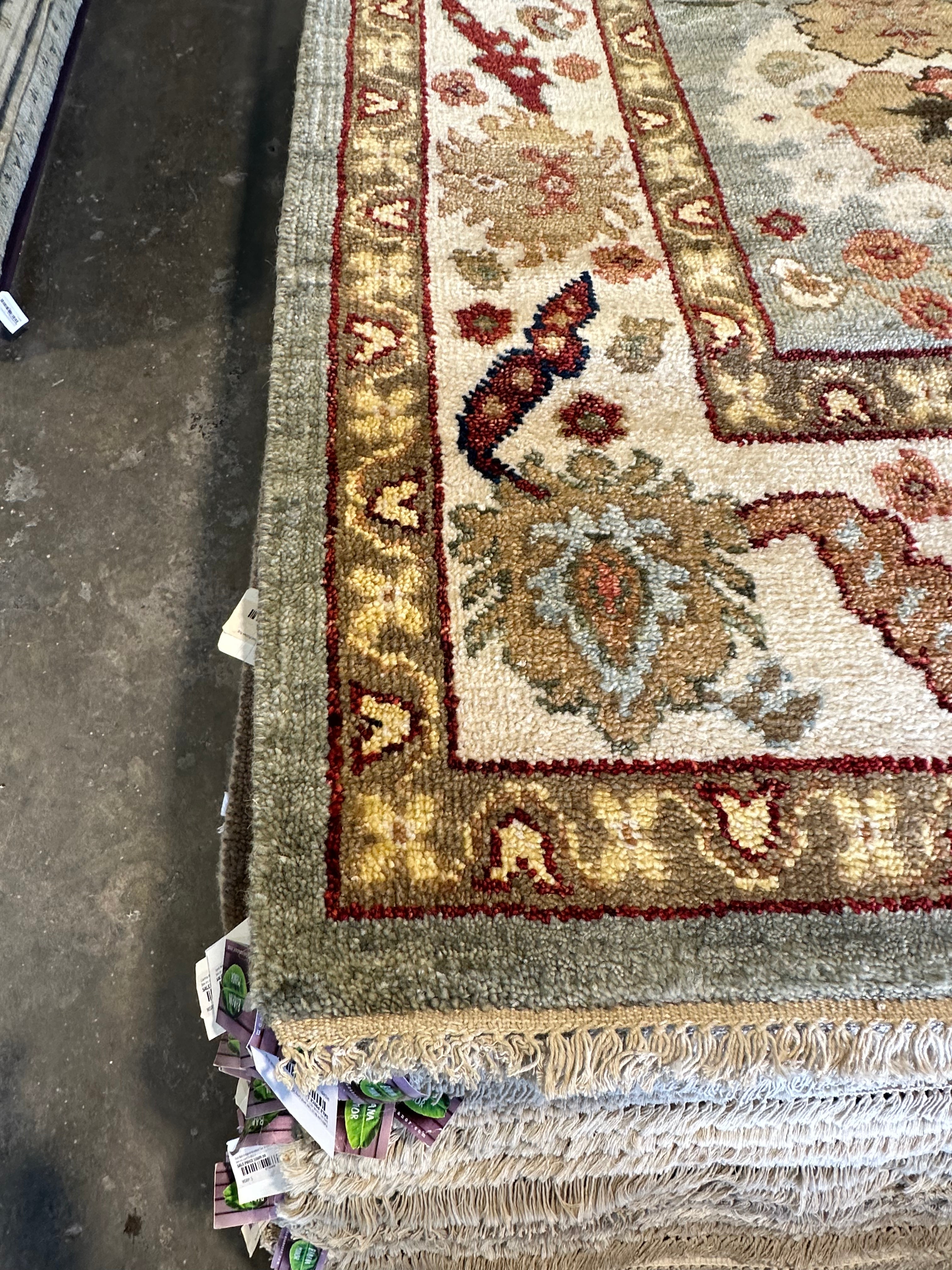 Virginia Tupker 8x10.6 Gren and Ivory Hand-Knotted Oushak Rug