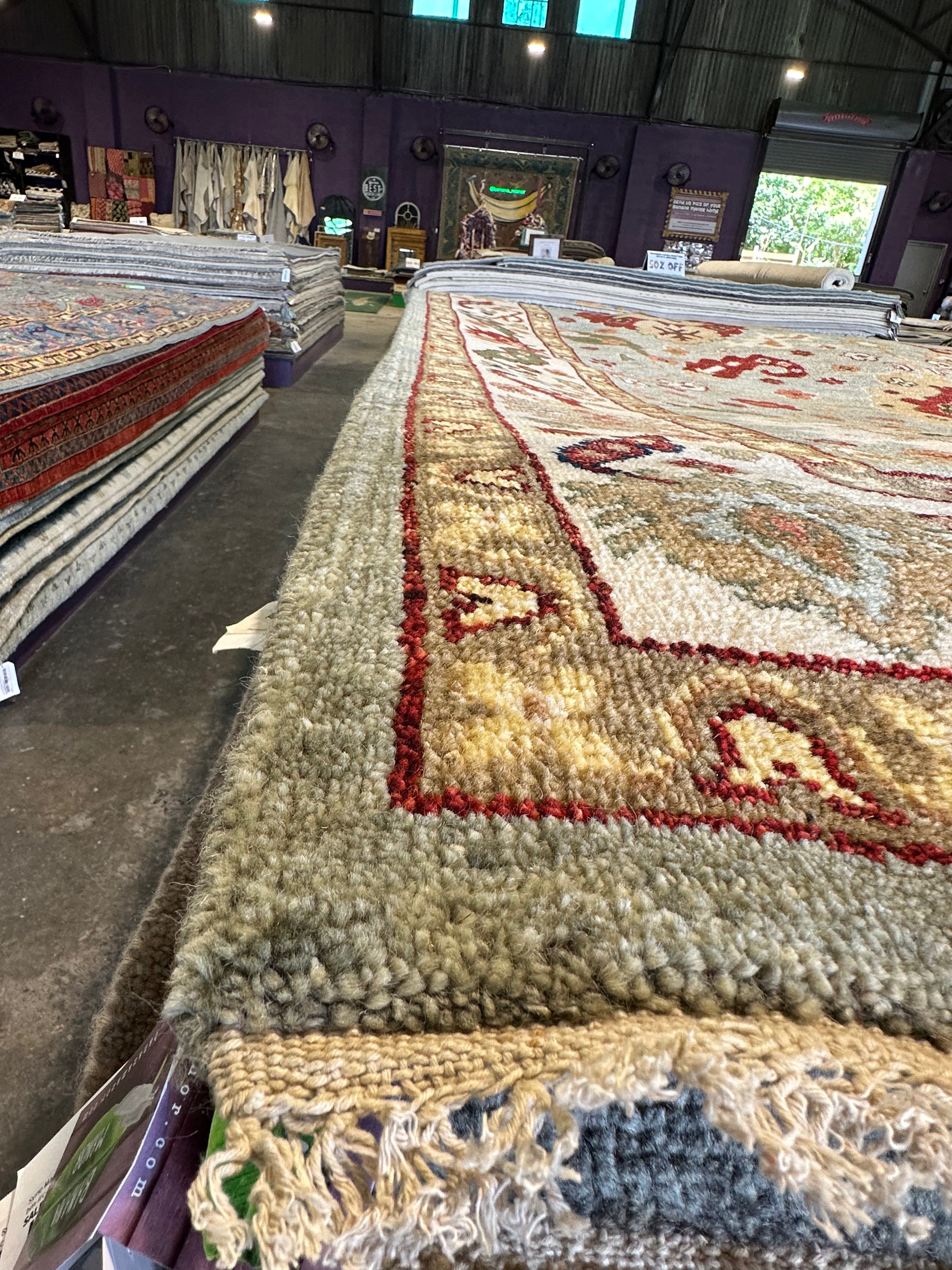 Virginia Tupker 8x10.6 Gren and Ivory Hand-Knotted Oushak Rug