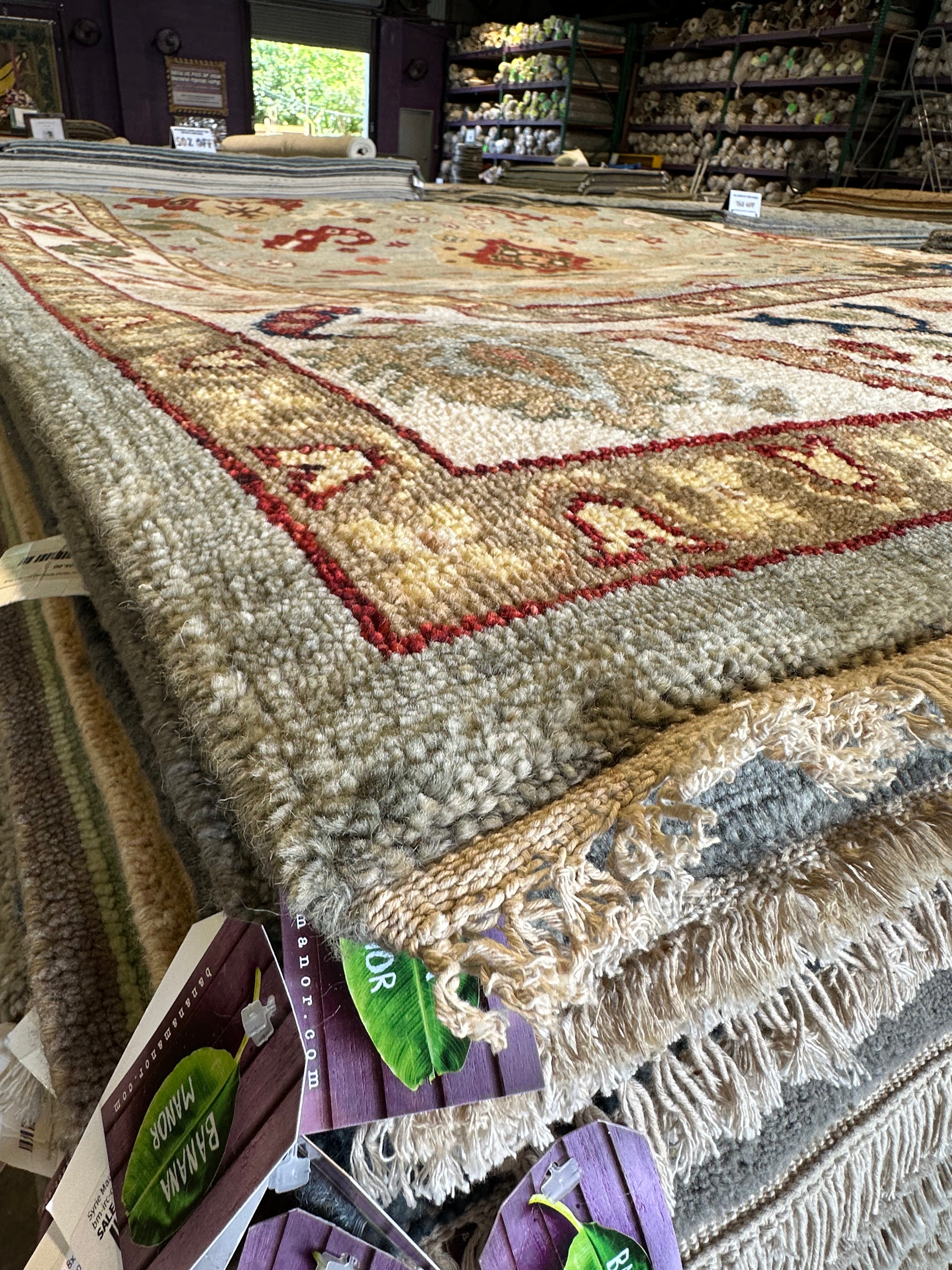 Virginia Tupker 8x10.6 Gren and Ivory Hand-Knotted Oushak Rug