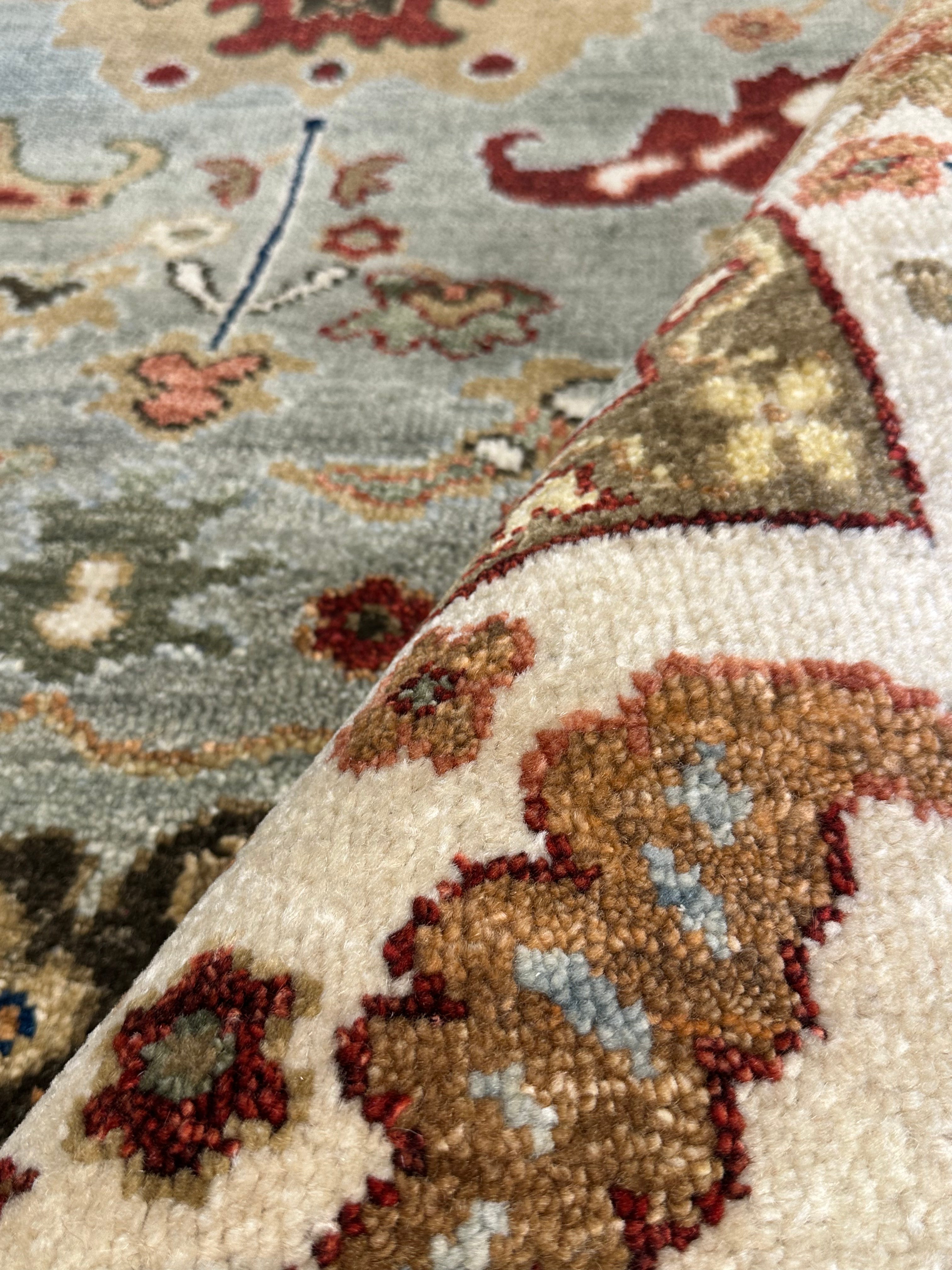Virginia Tupker 8x10.6 Gren and Ivory Hand-Knotted Oushak Rug