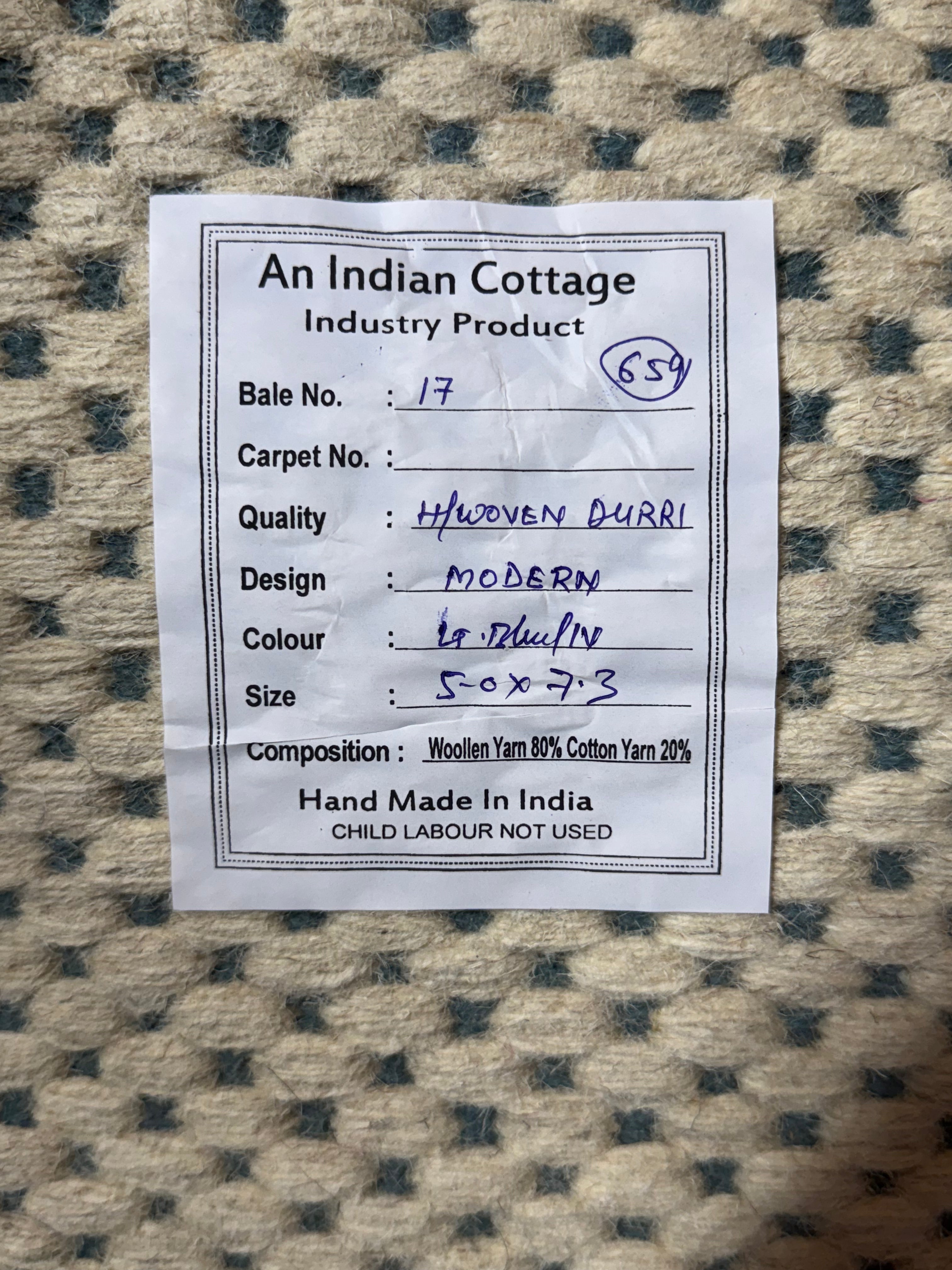 Drew 5x7.3 Handwoven Durrie Light Blue and Ivory
