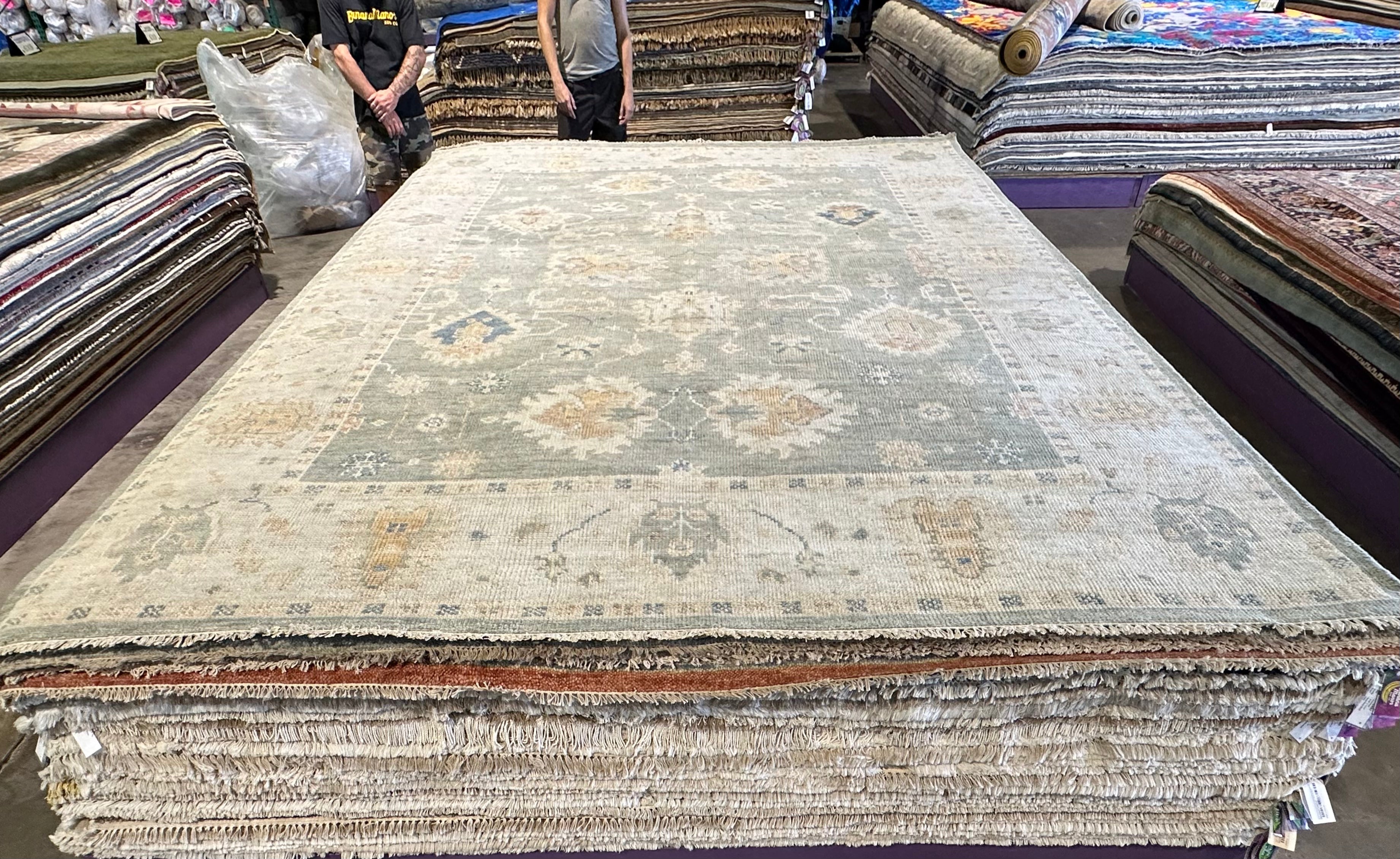 Ariel Ash 9x11.9 Light Green Hand-Knotted Oushak Rug