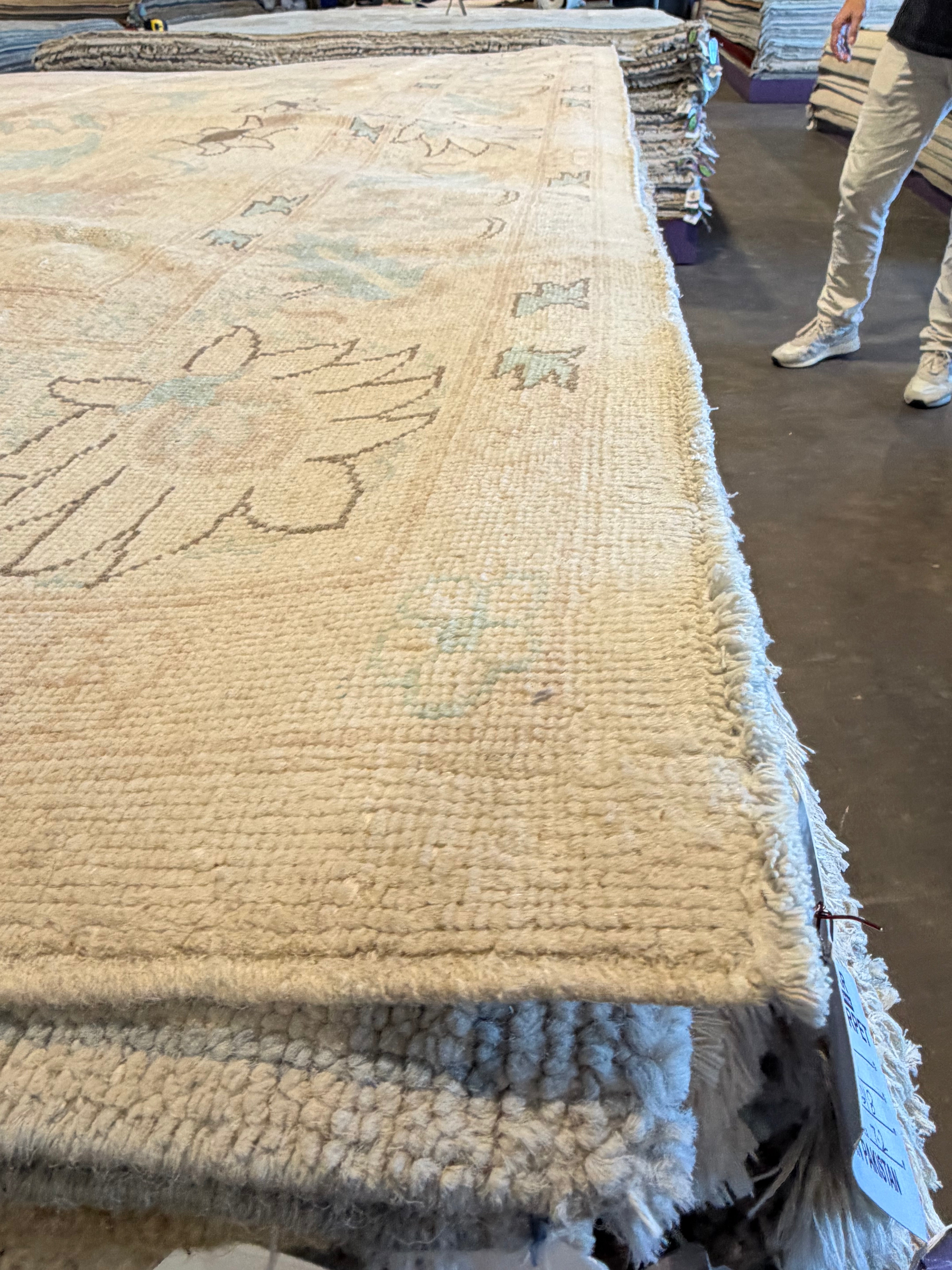 Stephanie McGee 7.2x9.8 Beige and Blue Whitewashed Hand-Knotted Oushak
