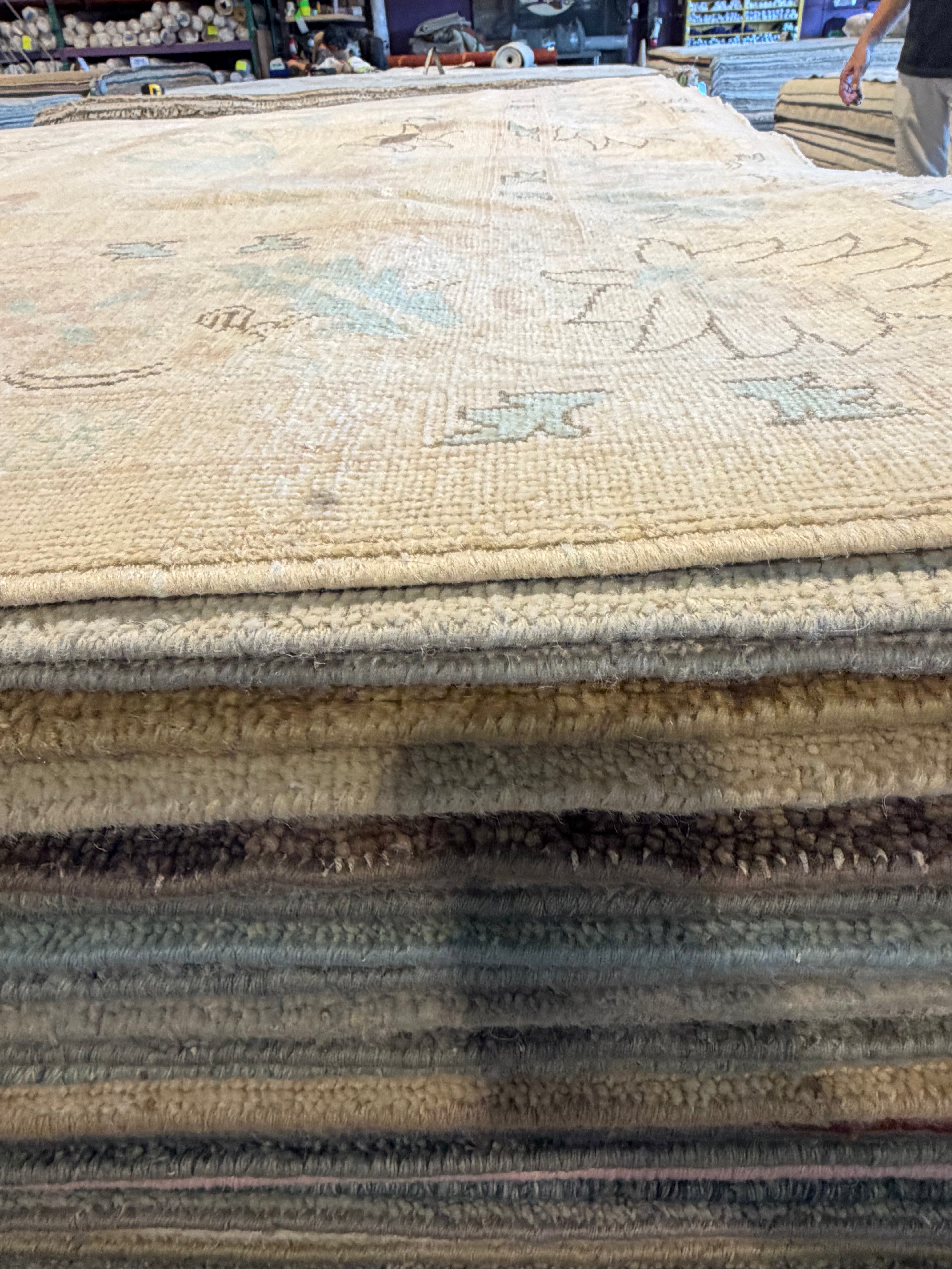 Stephanie McGee 7.2x9.8 Beige and Blue Whitewashed Hand-Knotted Oushak