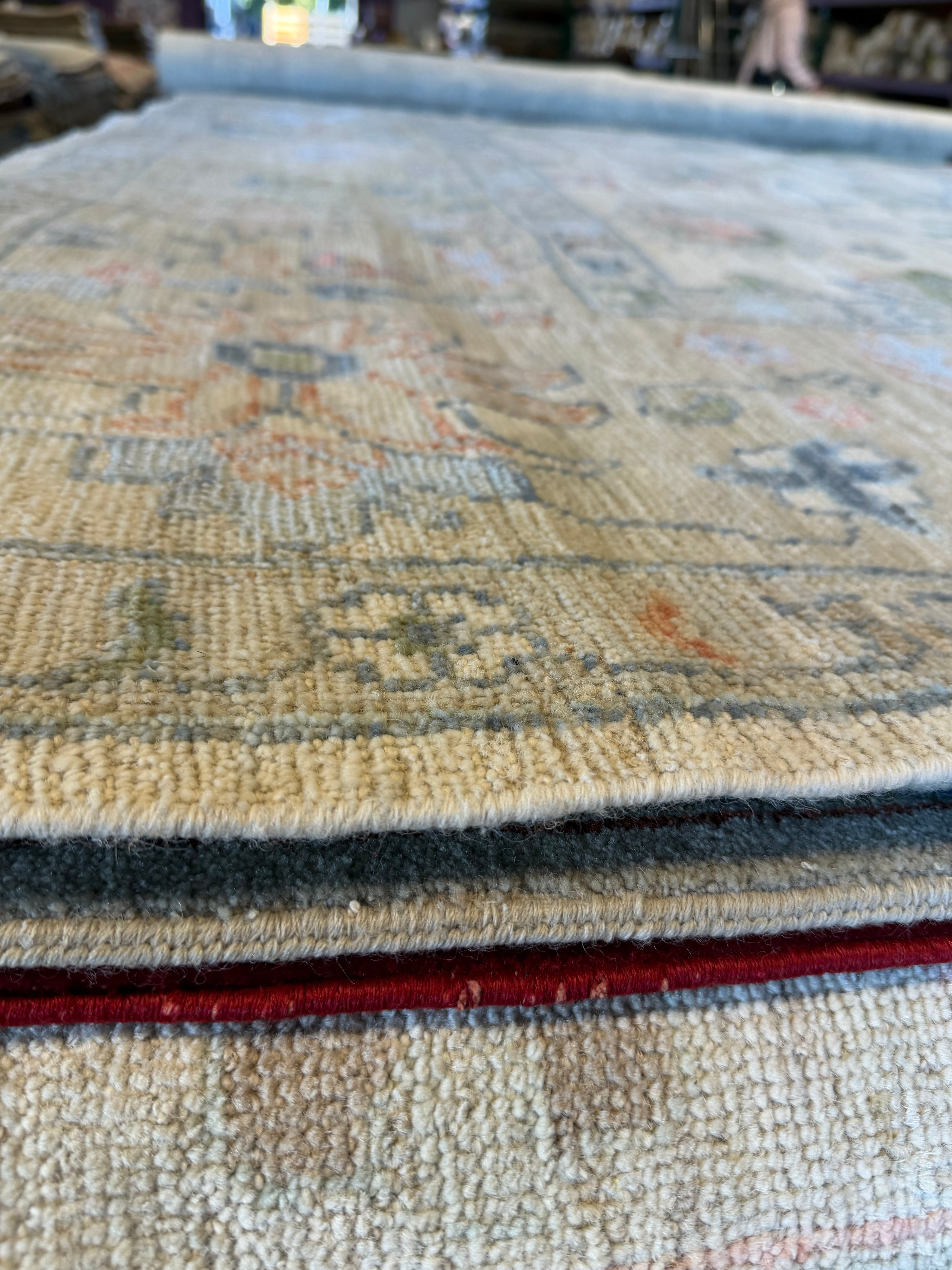 Bailey Taylor 9.8x13.8 Ivory and Green Whitewashed Hand-Knotted Oushak