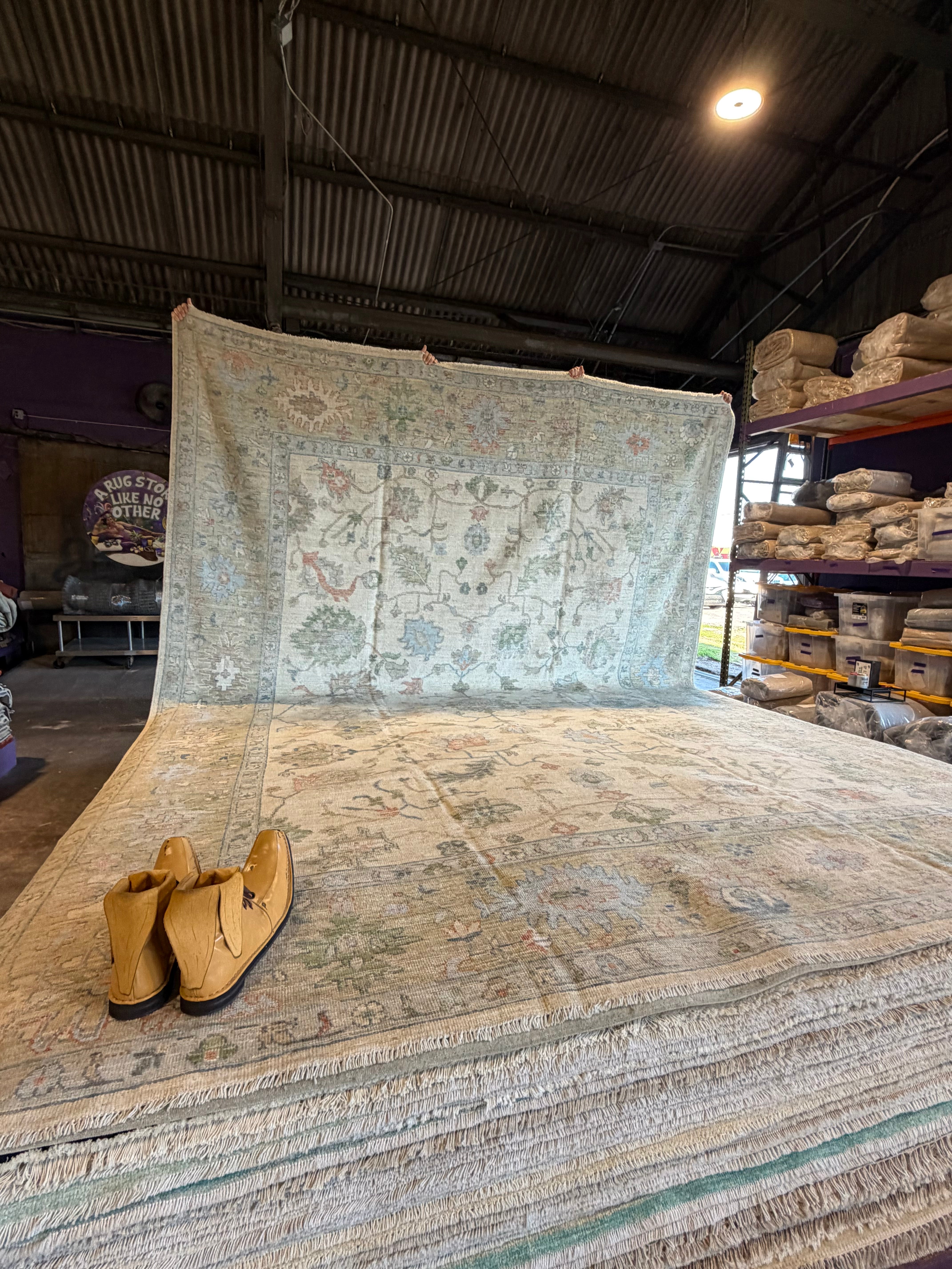 Bailey Taylor 9.8x13.8 Ivory and Green Whitewashed Hand-Knotted Oushak