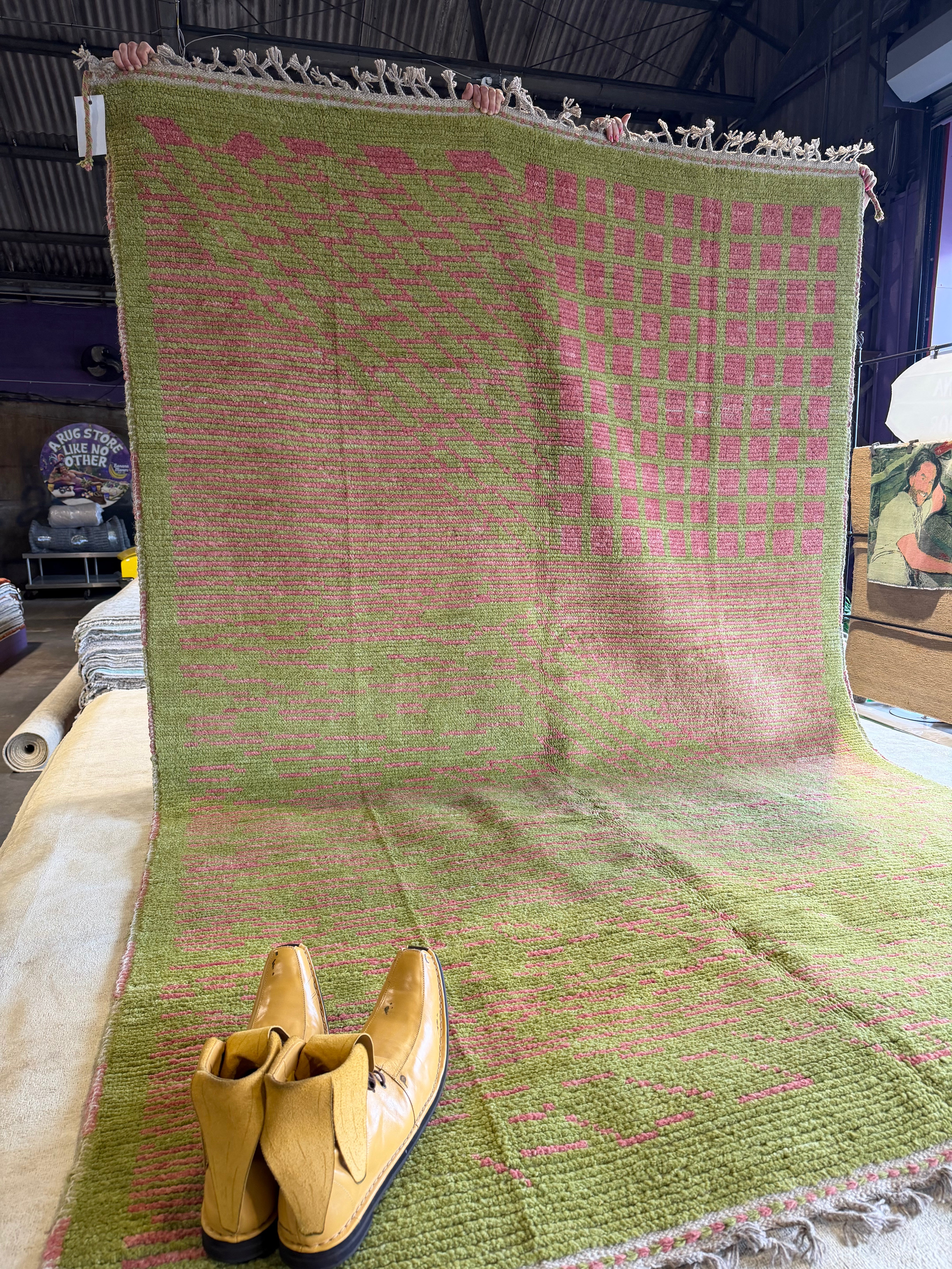 Paige DeSorbo 6.5x10.2 Pink and Green Hand-Knotted Afghani Moroccan Style Rug