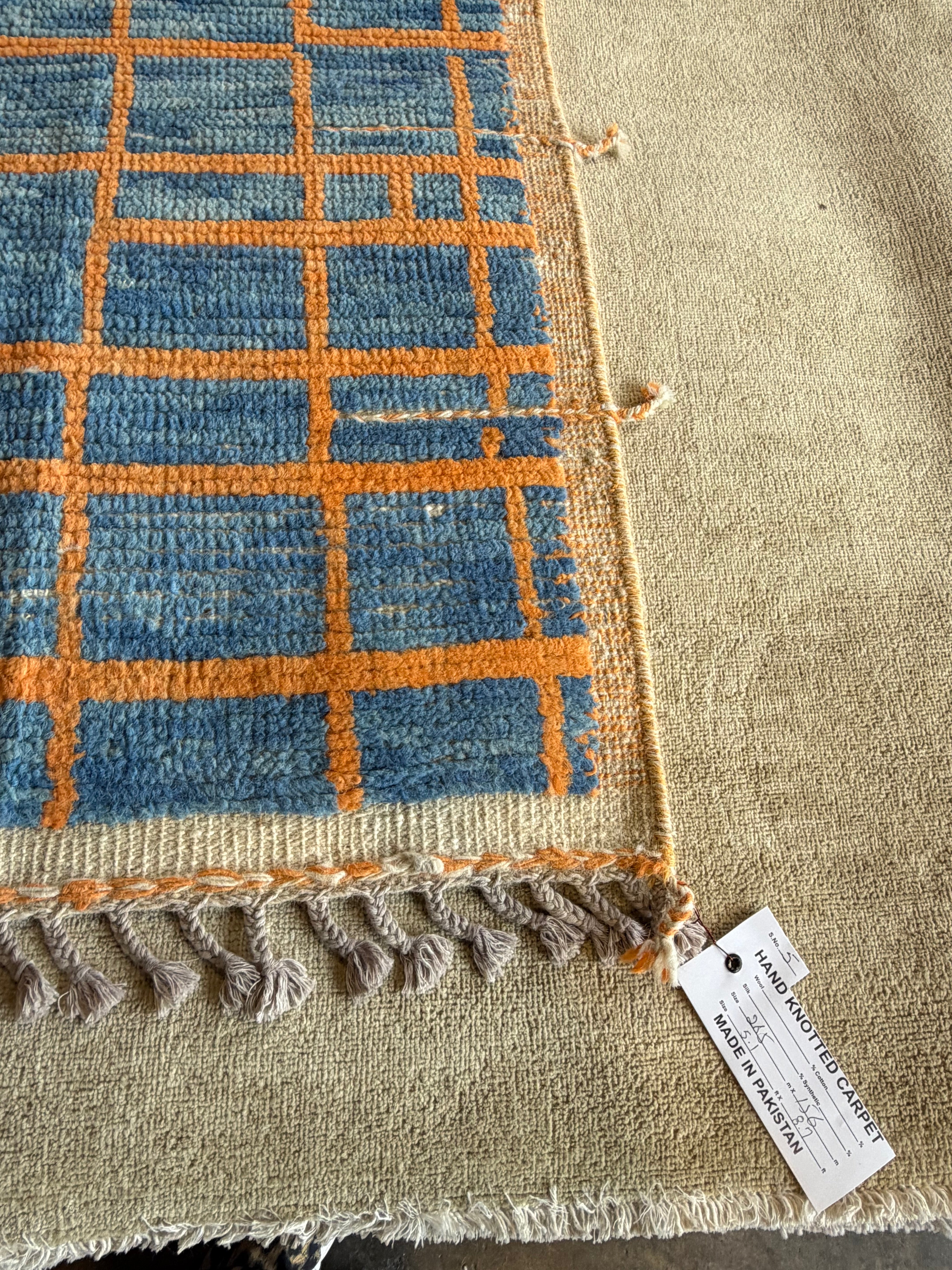 Lindsay Hubbard 5.2x8.7 Blue and Orange Hand-Knotted Afghani Moroccan Style Rug