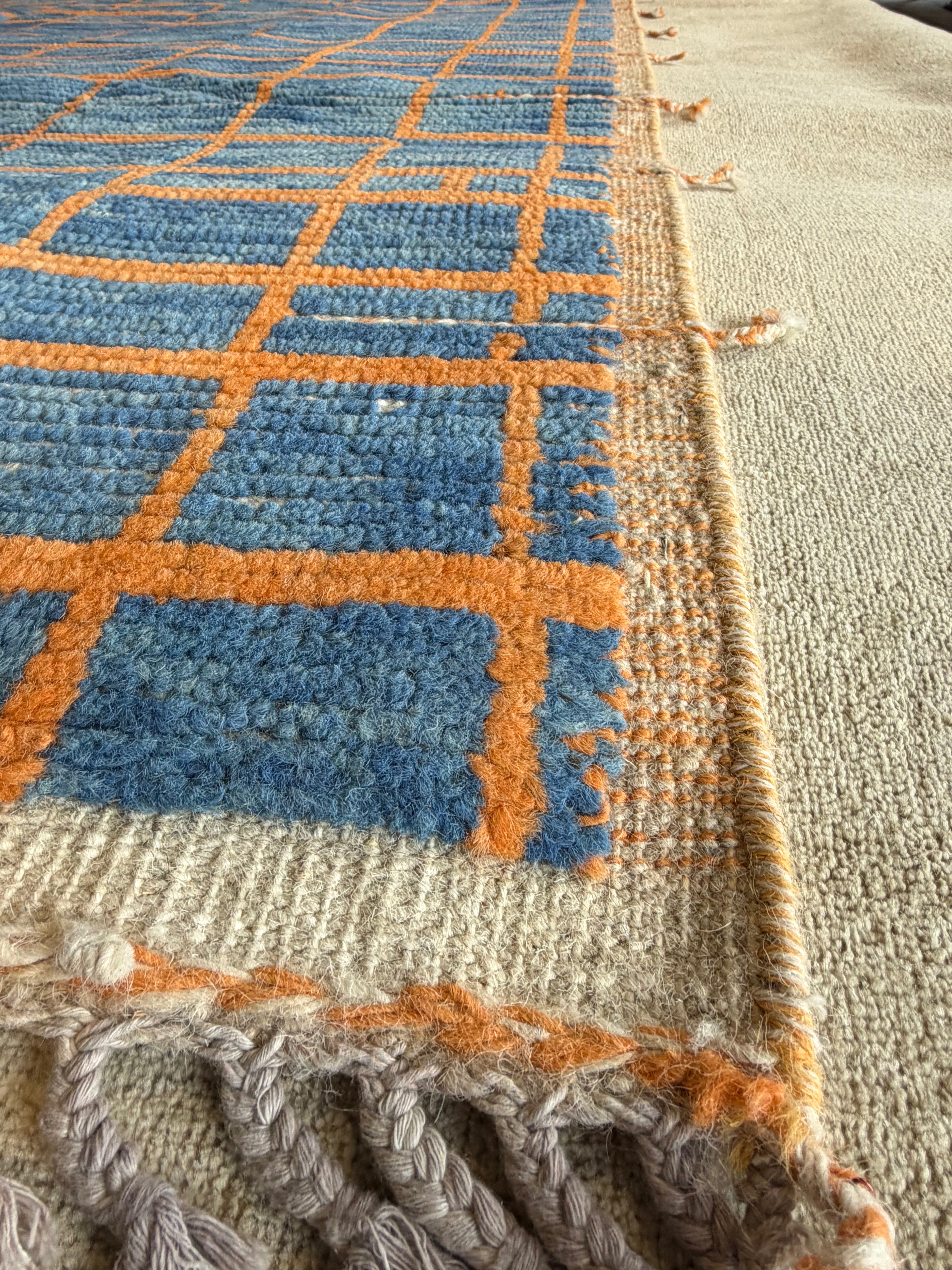 Lindsay Hubbard 5.2x8.7 Blue and Orange Hand-Knotted Afghani Moroccan Style Rug
