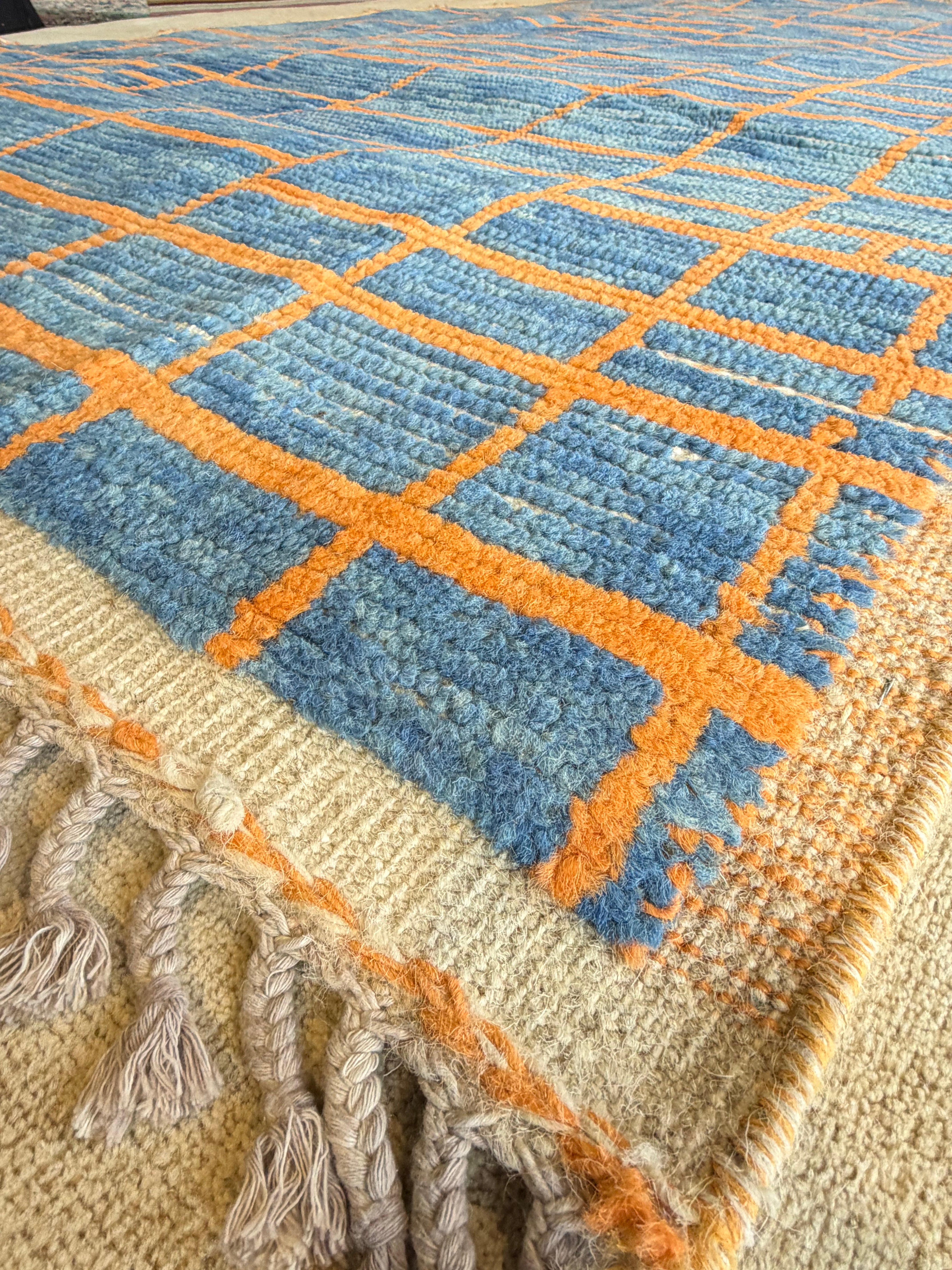 Lindsay Hubbard 5.2x8.7 Blue and Orange Hand-Knotted Afghani Moroccan Style Rug