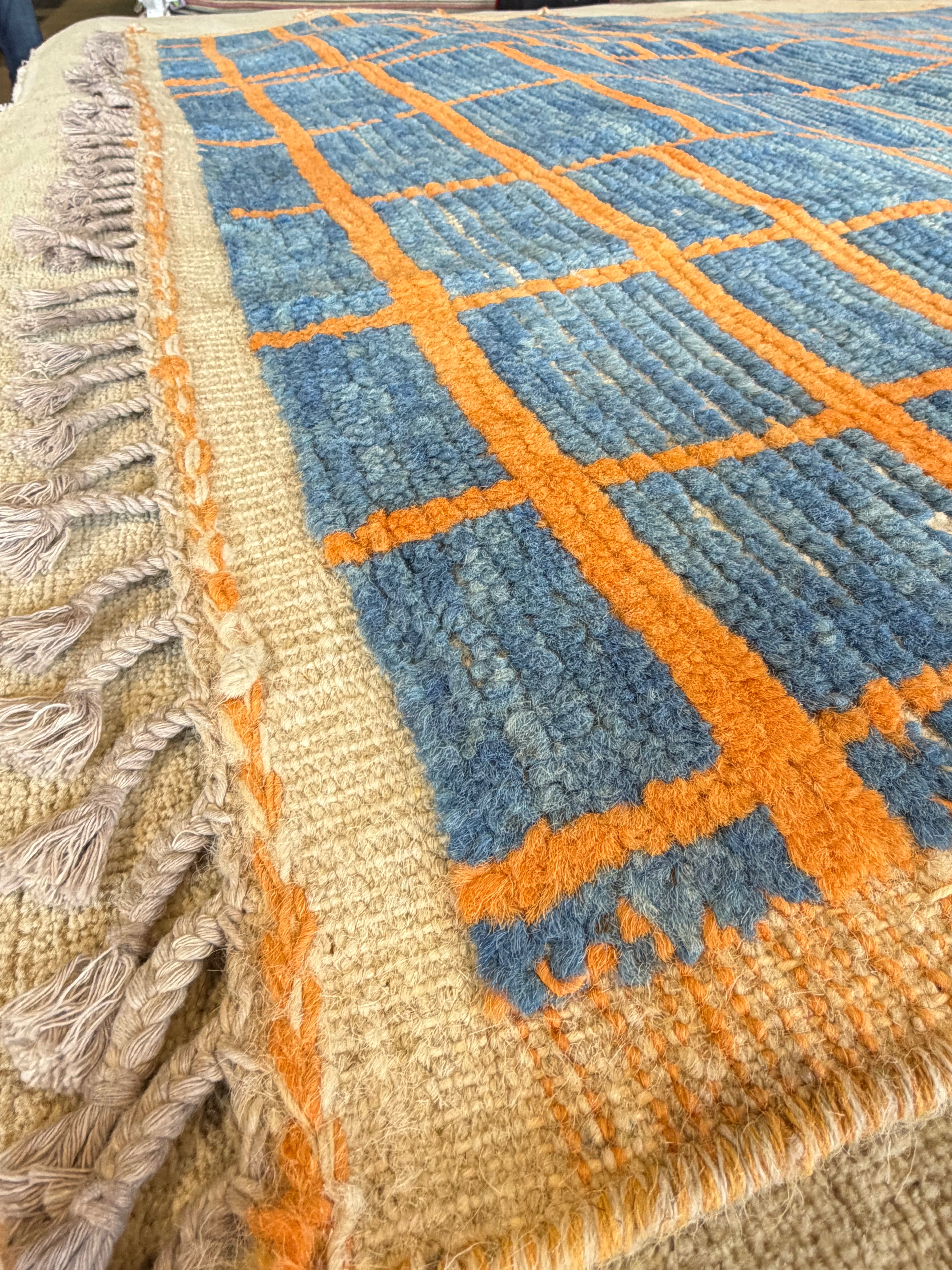 Lindsay Hubbard 5.2x8.7 Blue and Orange Hand-Knotted Afghani Moroccan Style Rug