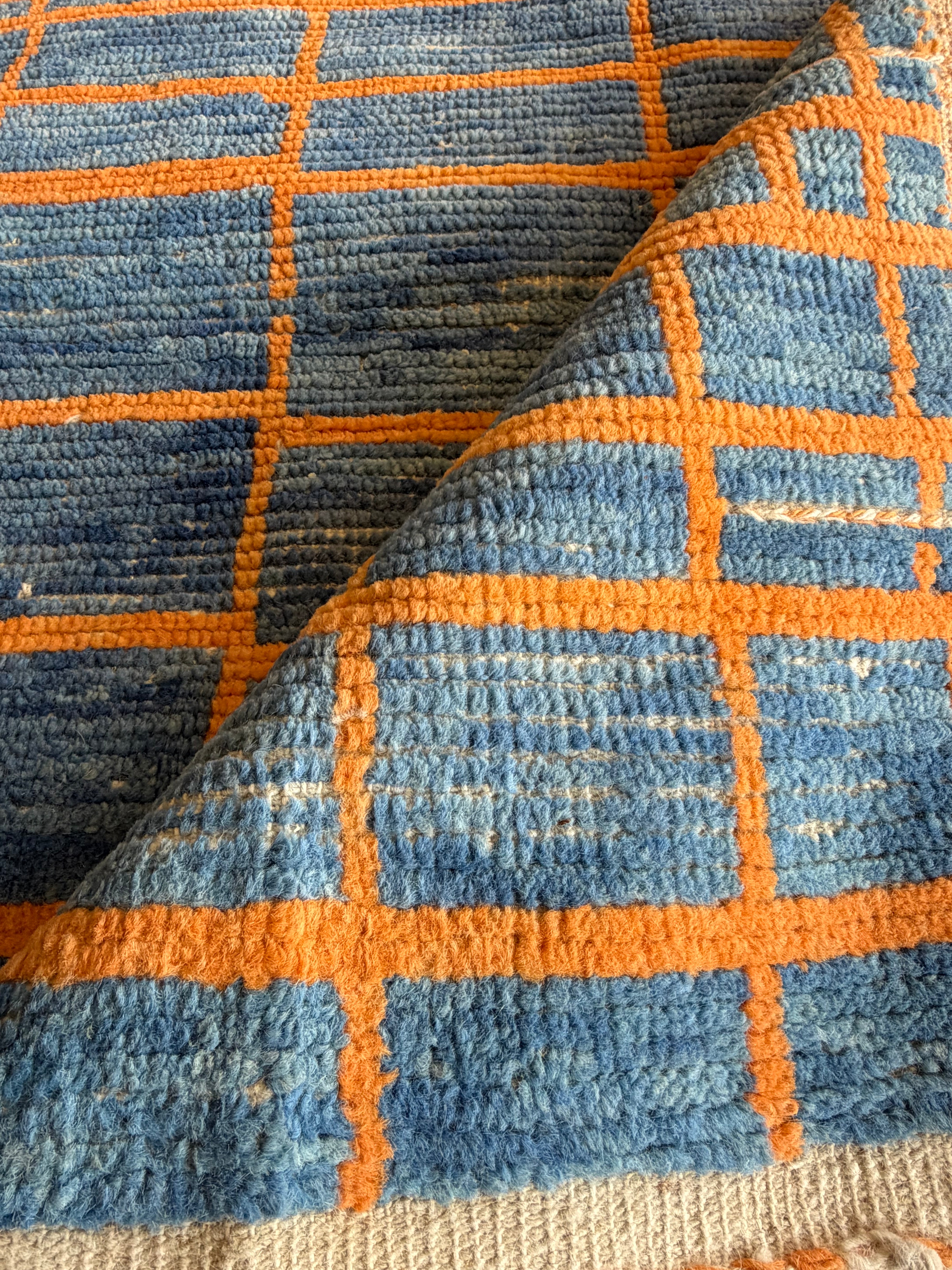 Lindsay Hubbard 5.2x8.7 Blue and Orange Hand-Knotted Afghani Moroccan Style Rug