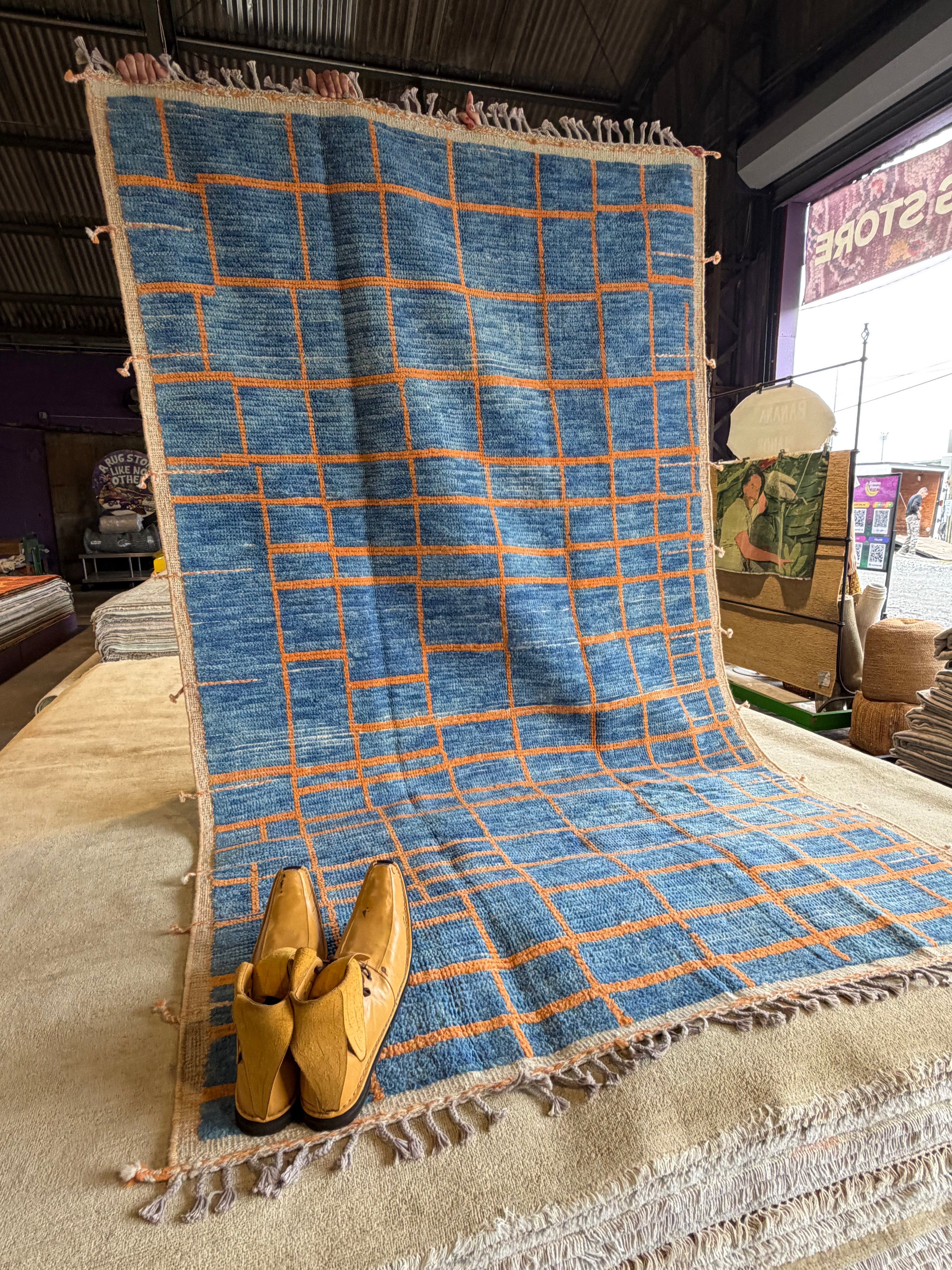 Lindsay Hubbard 5.2x8.7 Blue and Orange Hand-Knotted Afghani Moroccan Style Rug