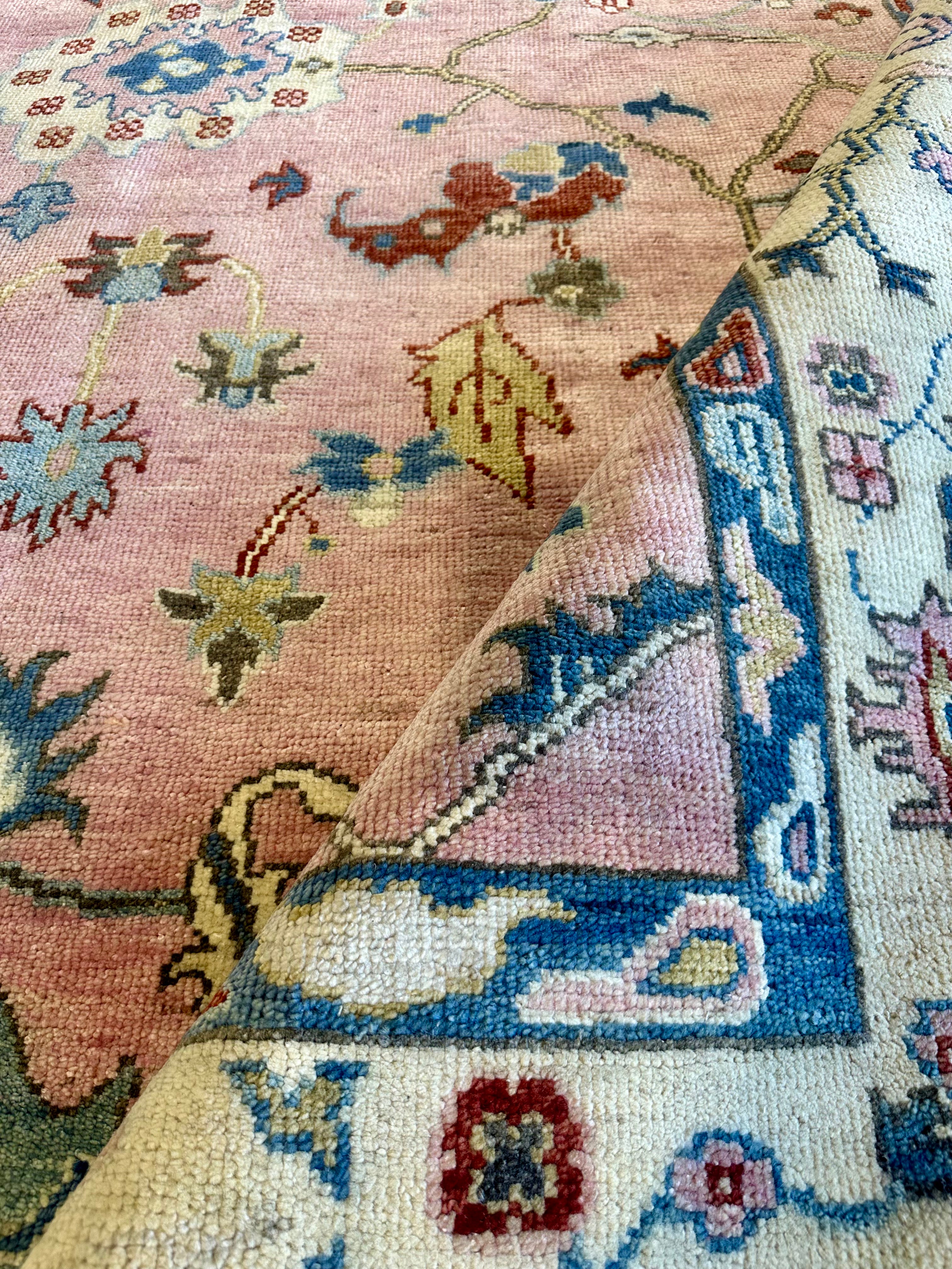 Natasha Stefanenko 9x12.3 Hand-Knotted Oushak Rug Pink and Ivory