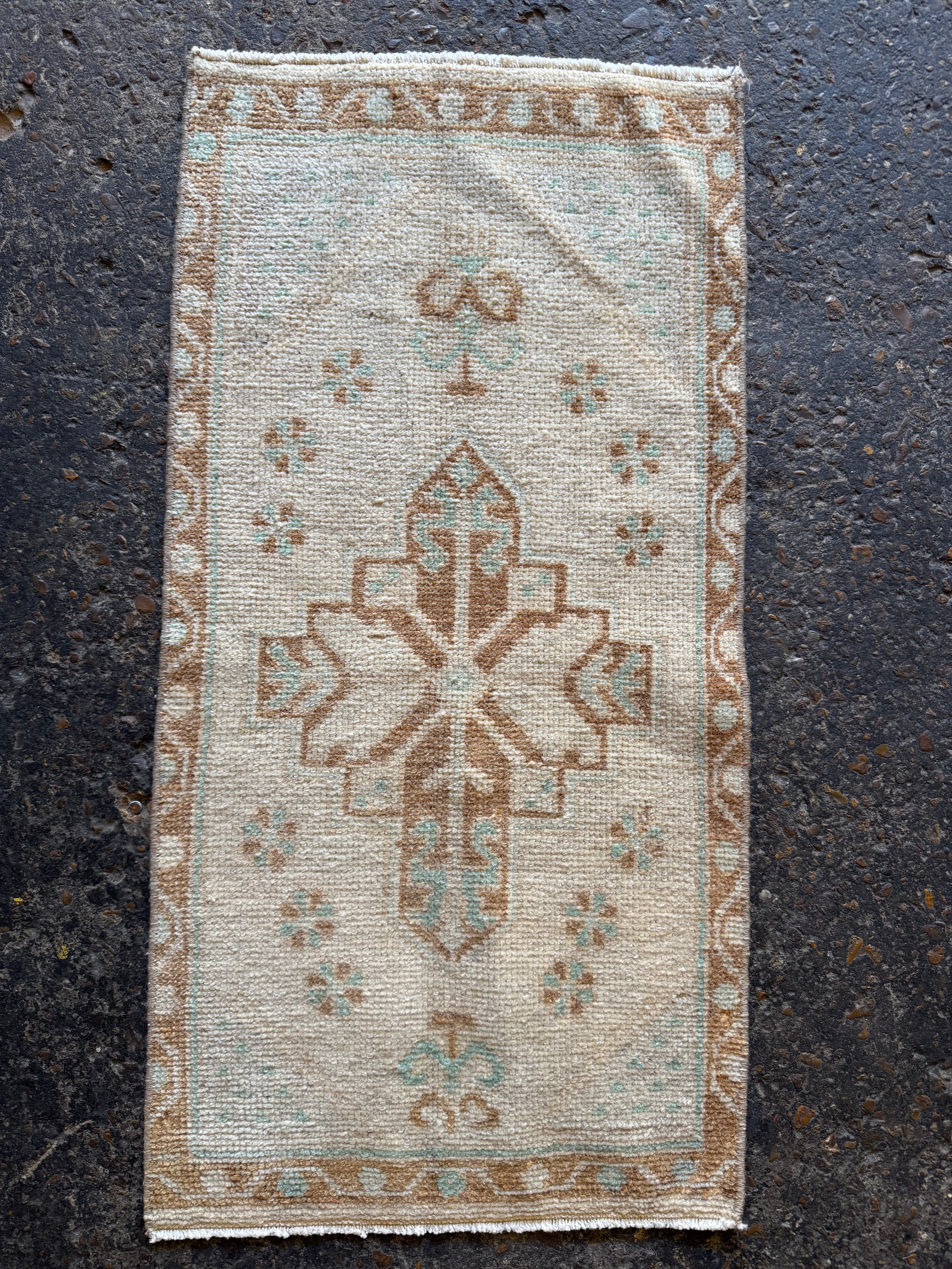 Vintage 1.5x2.10 Turkish Oushak Brown and Aqua Small Rug