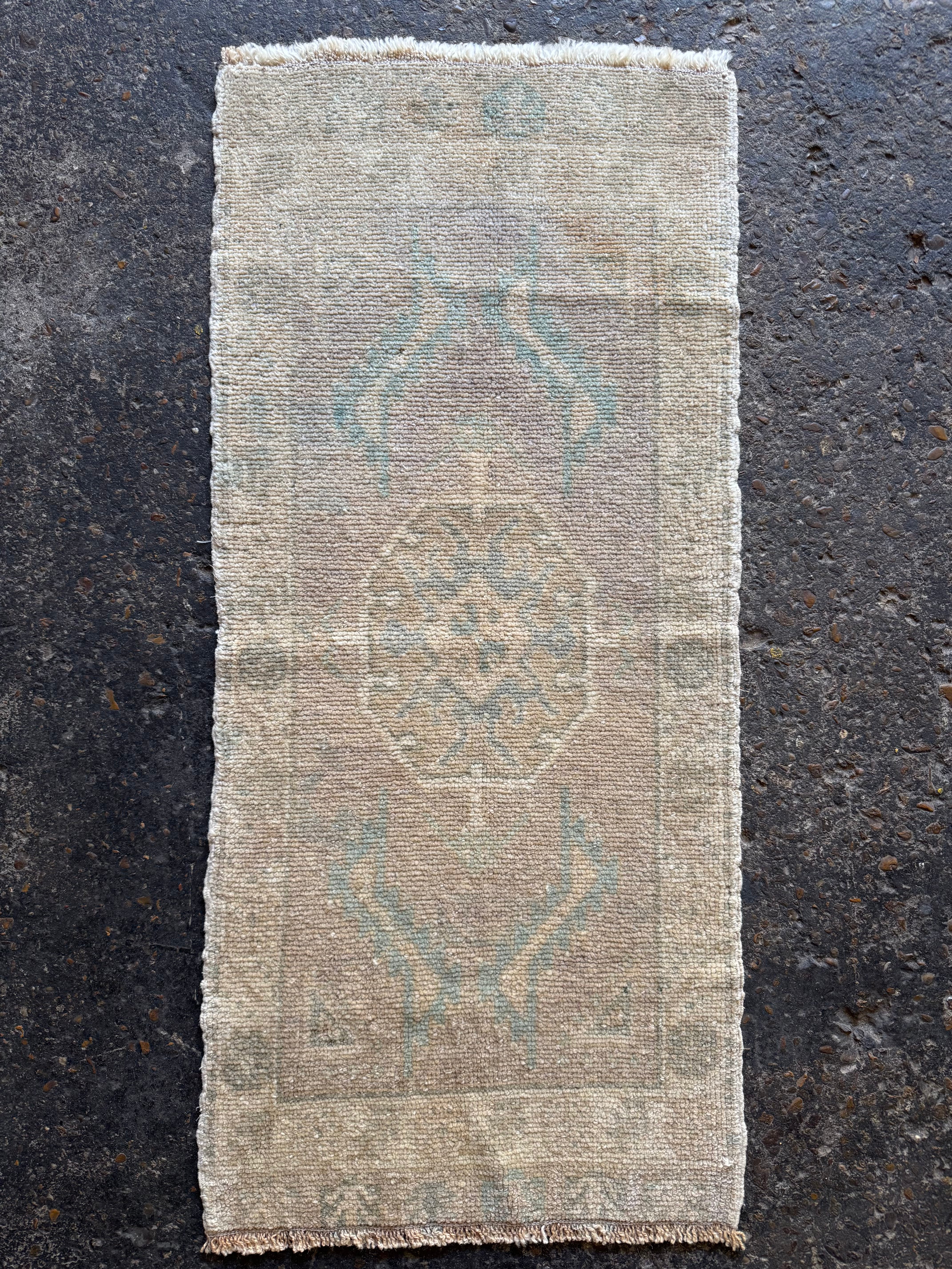 Vintage 1.5x3.0 Turkish Oushak Beige and Aqua Small Rug