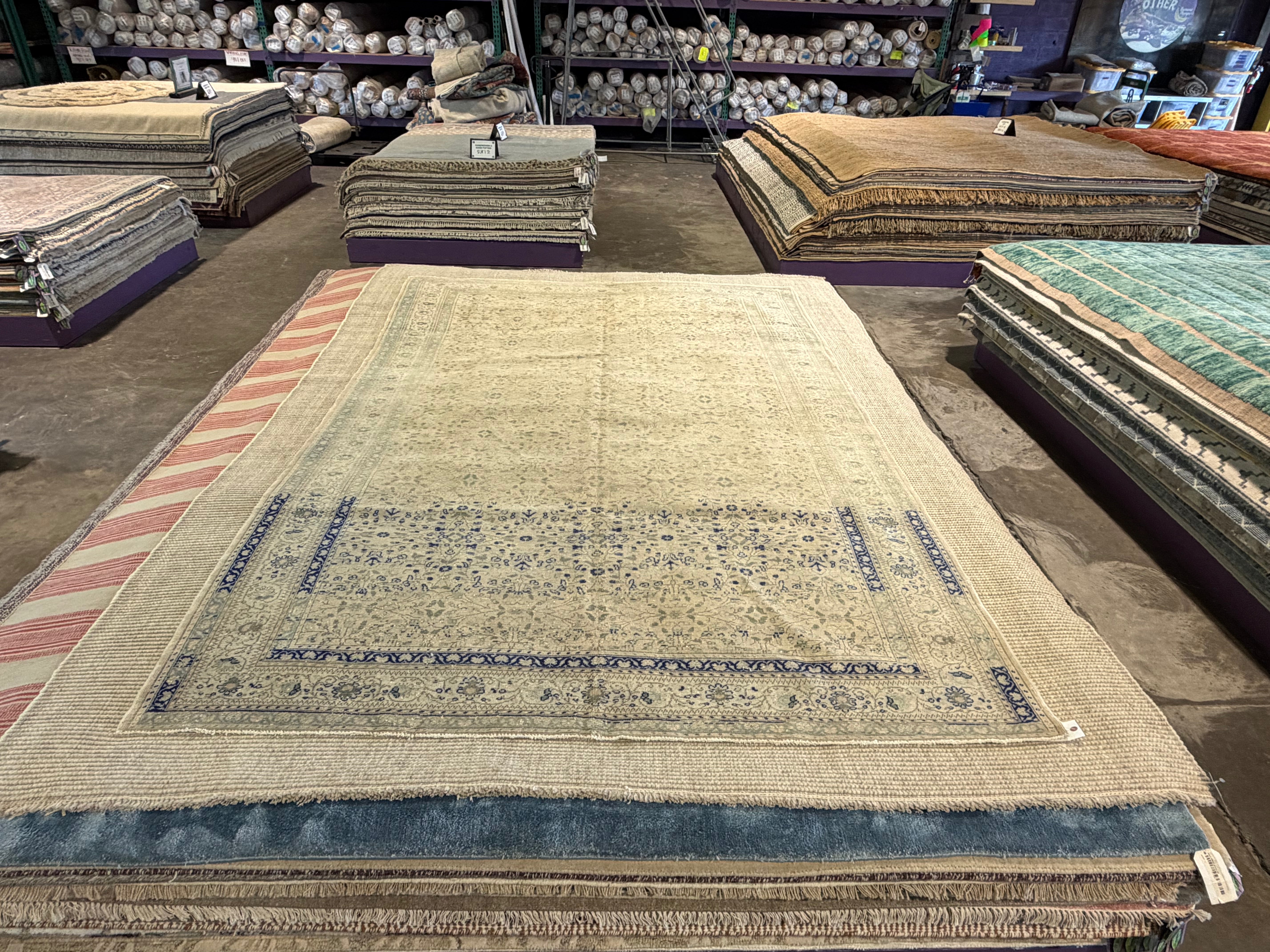 Bella Kirchhoff 6.5x9.8 Cream and Blue Hand-Knotted Vintage Turkish Oushak