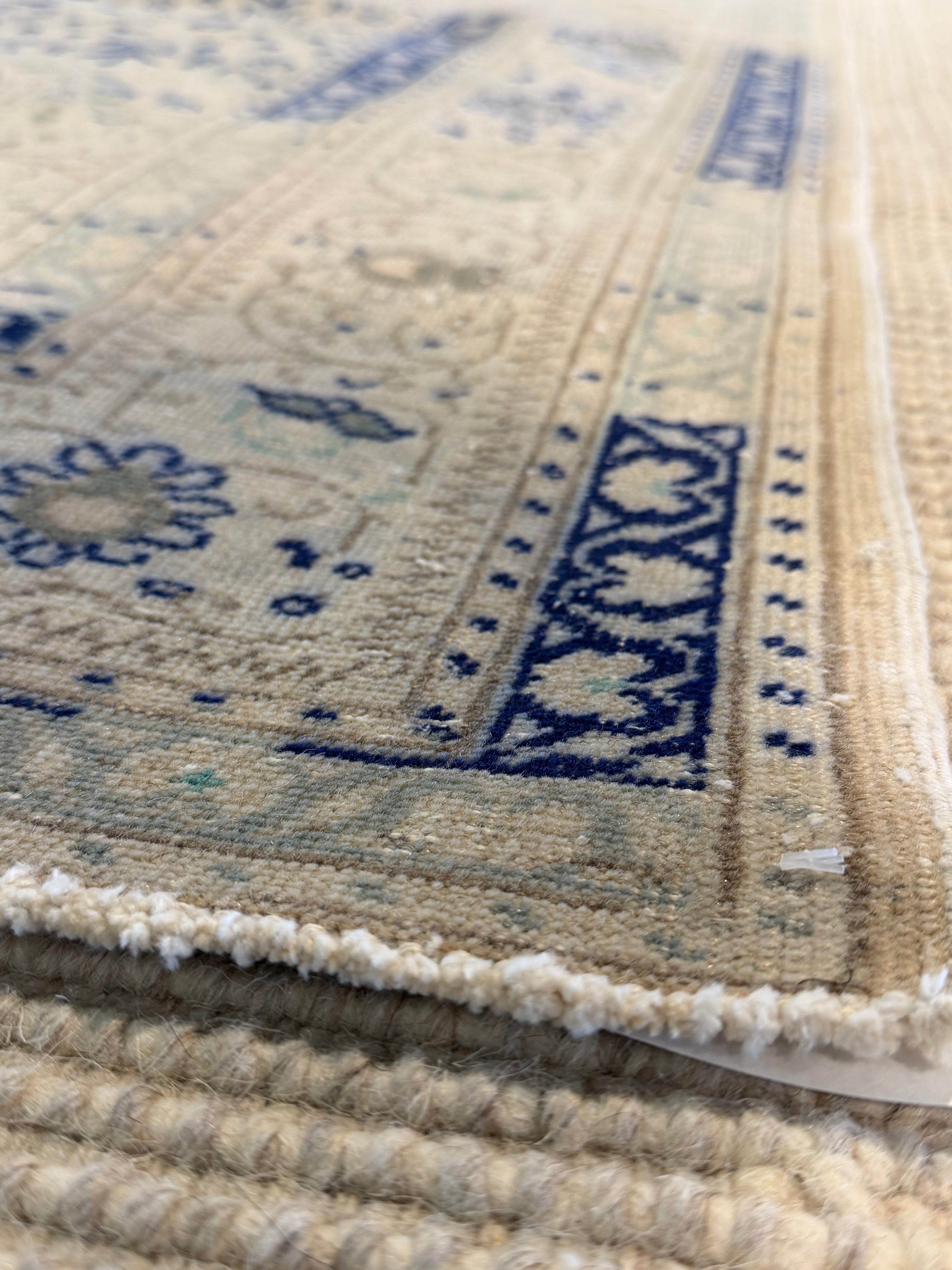 Bella Kirchhoff 6.5x9.8 Cream and Blue Hand-Knotted Vintage Turkish Oushak