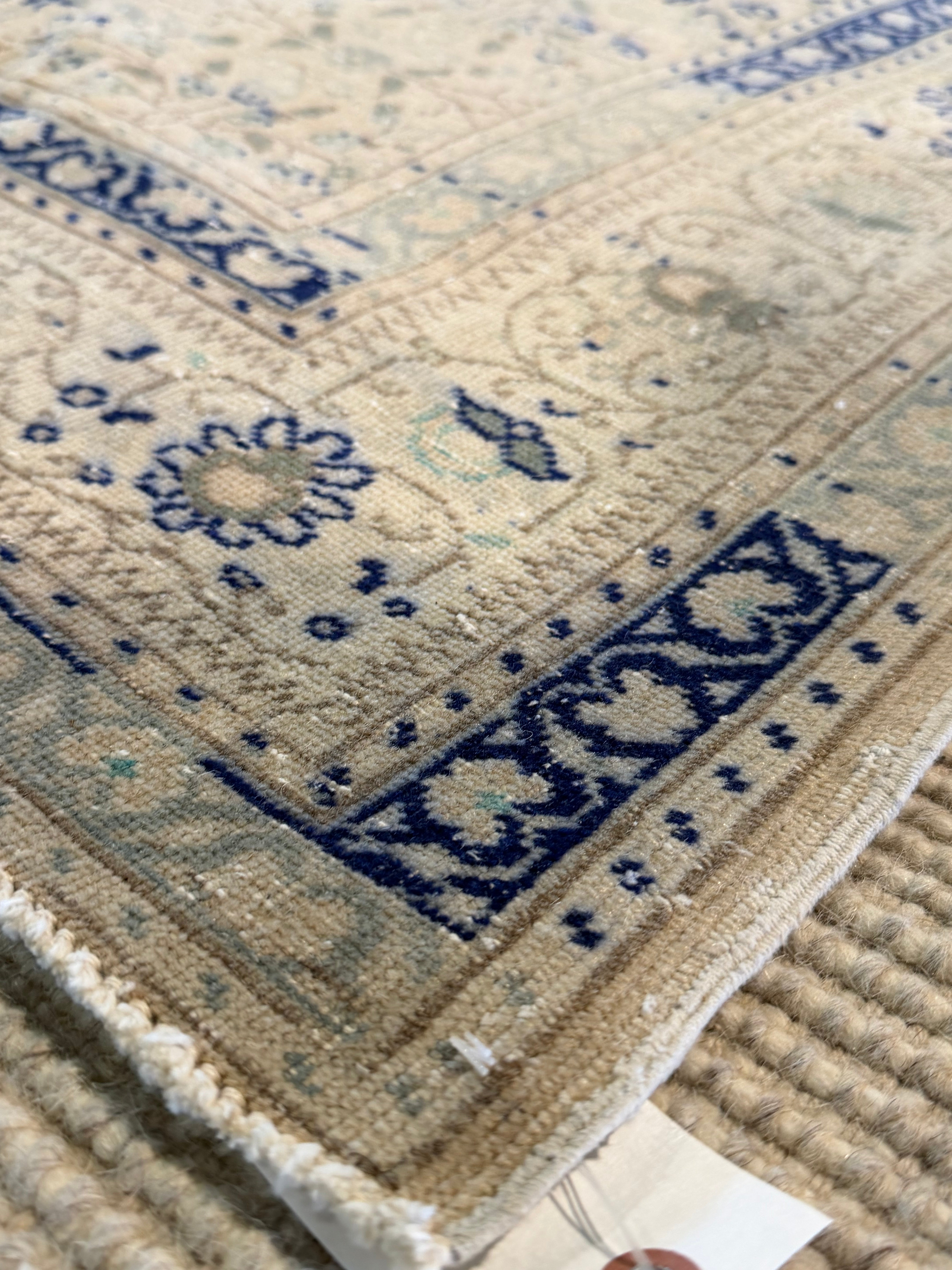 Bella Kirchhoff 6.5x9.8 Cream and Blue Hand-Knotted Vintage Turkish Oushak