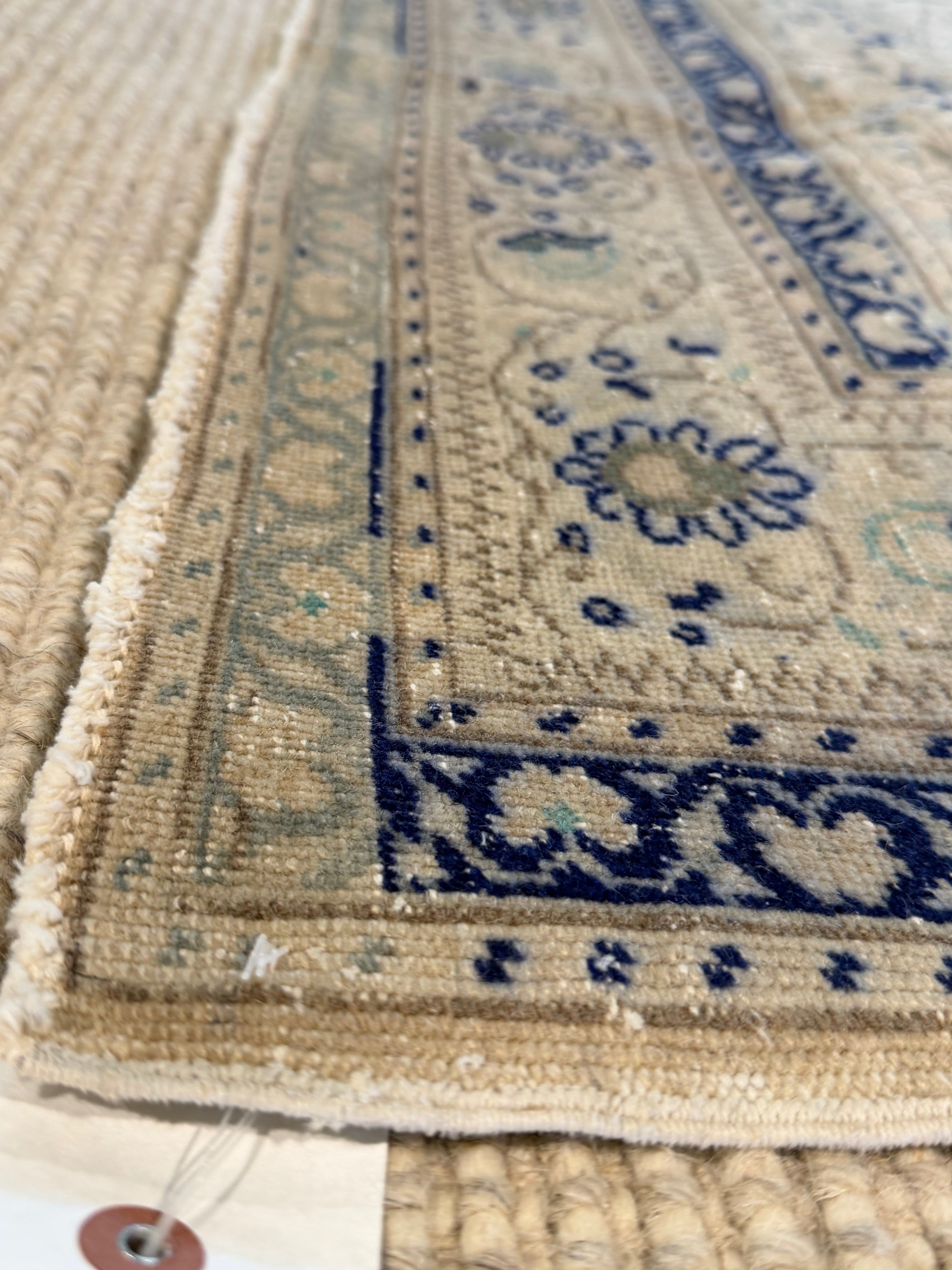 Bella Kirchhoff 6.5x9.8 Cream and Blue Hand-Knotted Vintage Turkish Oushak