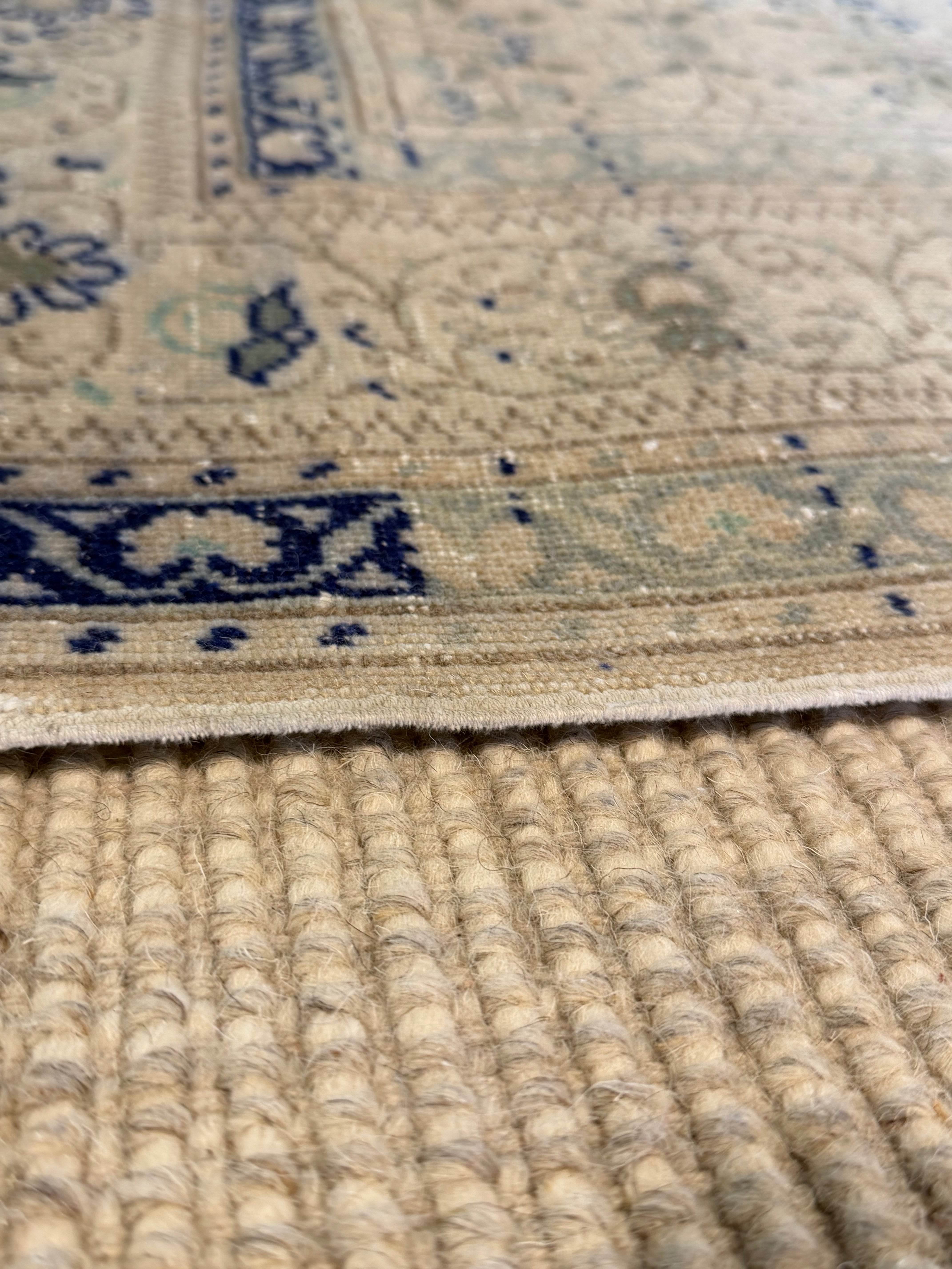 Bella Kirchhoff 6.5x9.8 Cream and Blue Hand-Knotted Vintage Turkish Oushak