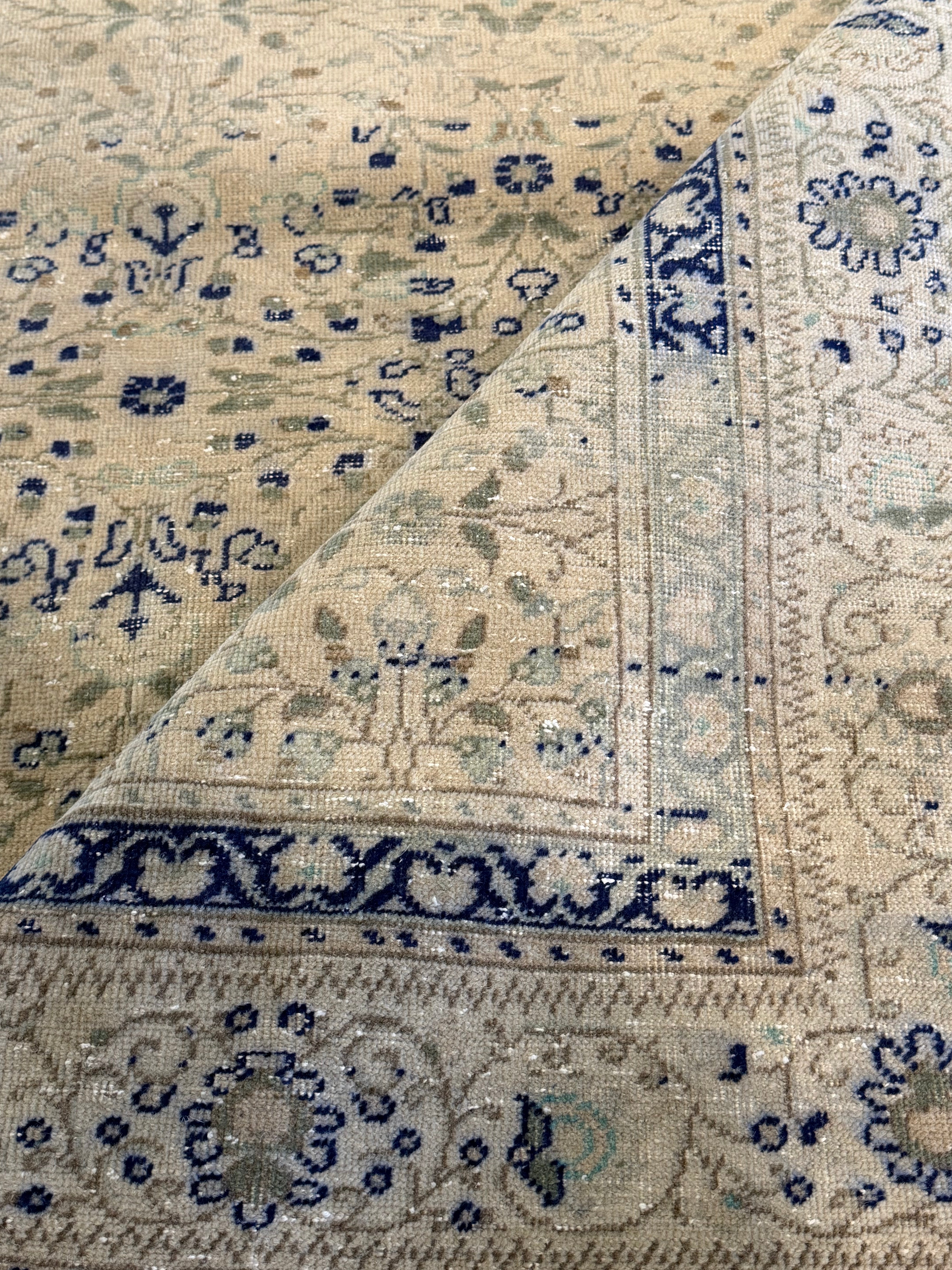 Bella Kirchhoff 6.5x9.8 Cream and Blue Hand-Knotted Vintage Turkish Oushak