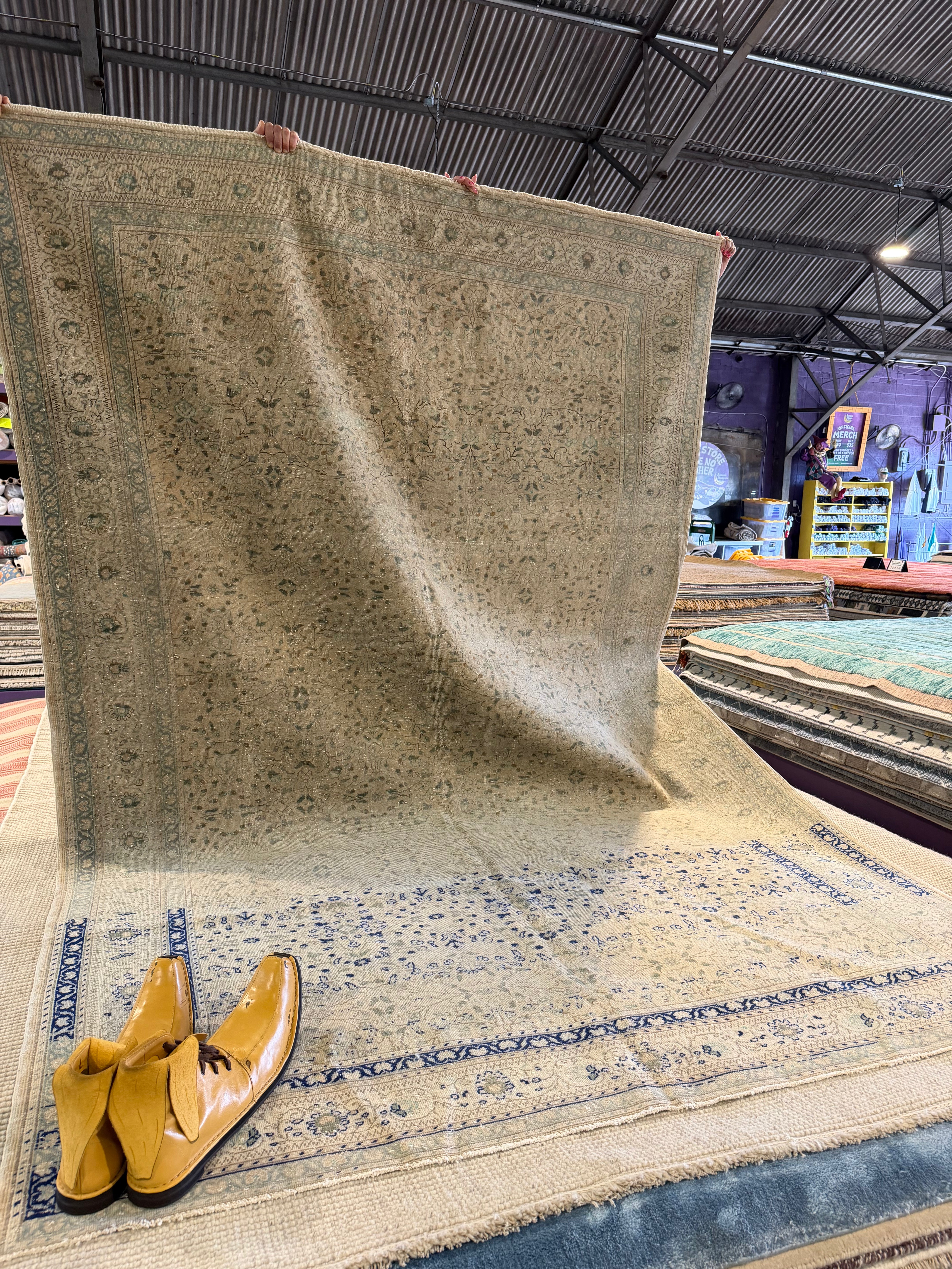 Bella Kirchhoff 6.5x9.8 Cream and Blue Hand-Knotted Vintage Turkish Oushak