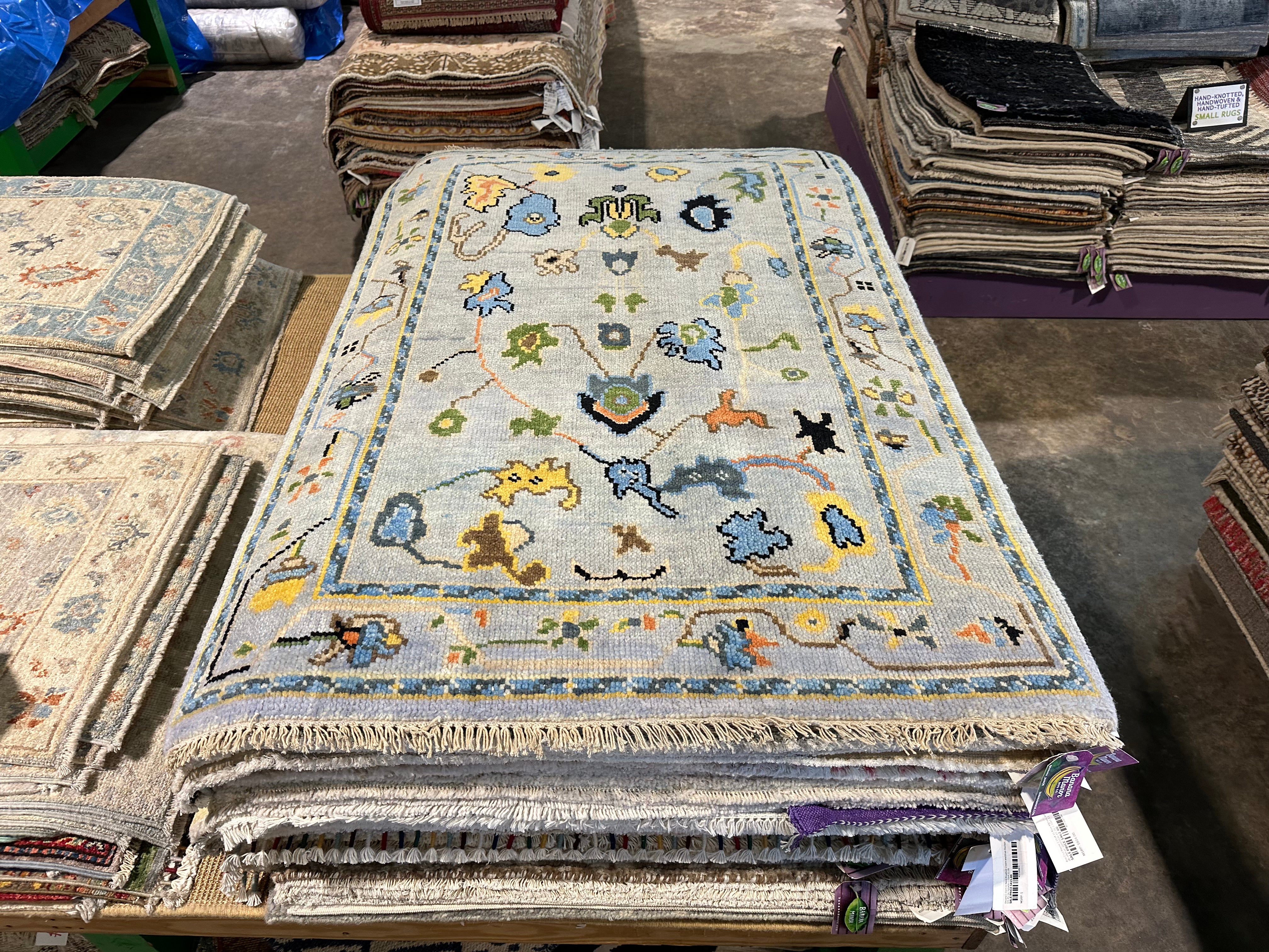 Caroline Aaron 3.3x5 Light Blue Hand-Knotted Oushak Rug