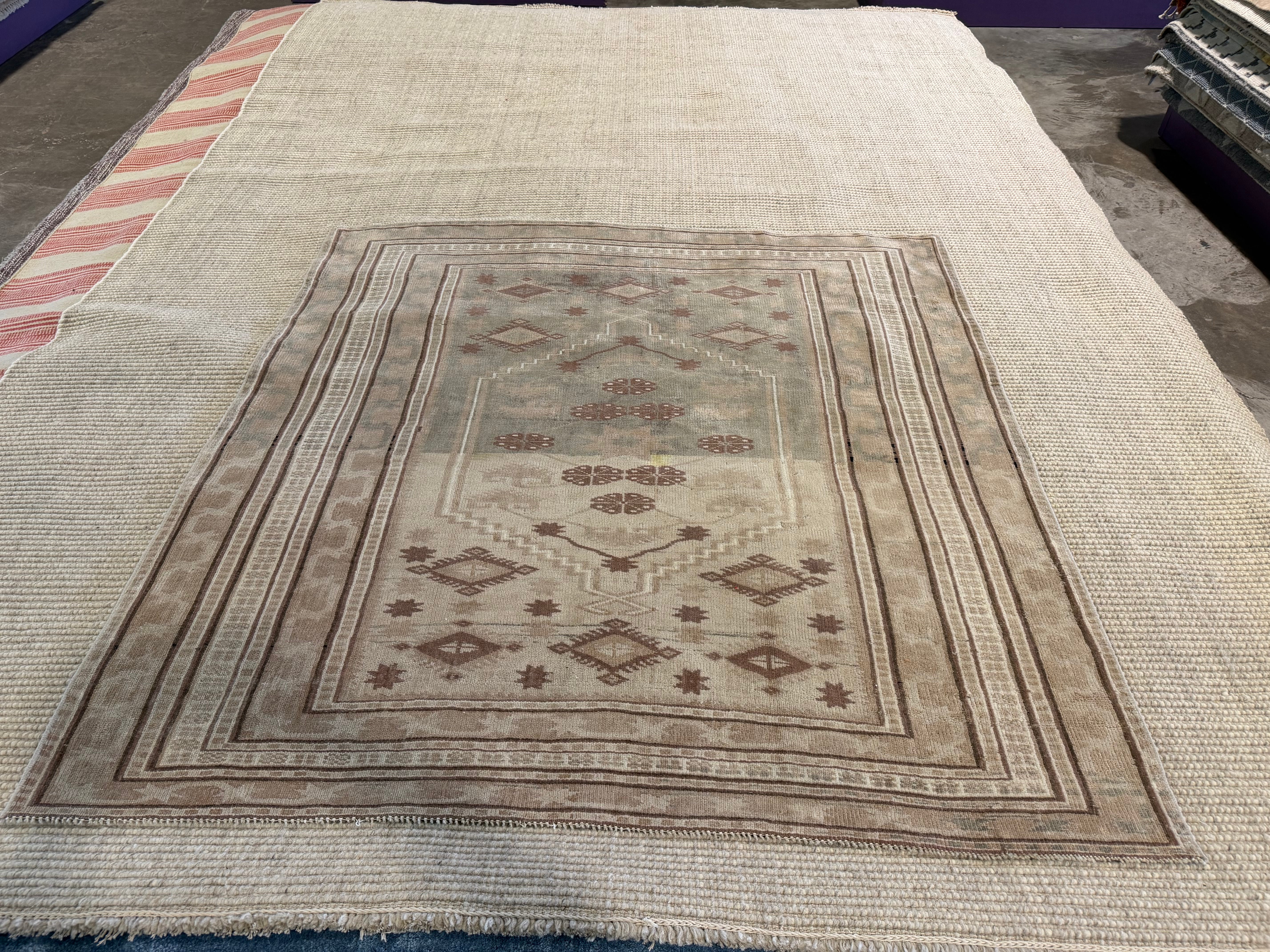 Mia Jane 4.9x4.9 Beige and Brown Hand-Knotted Vintage Turkish Oushak