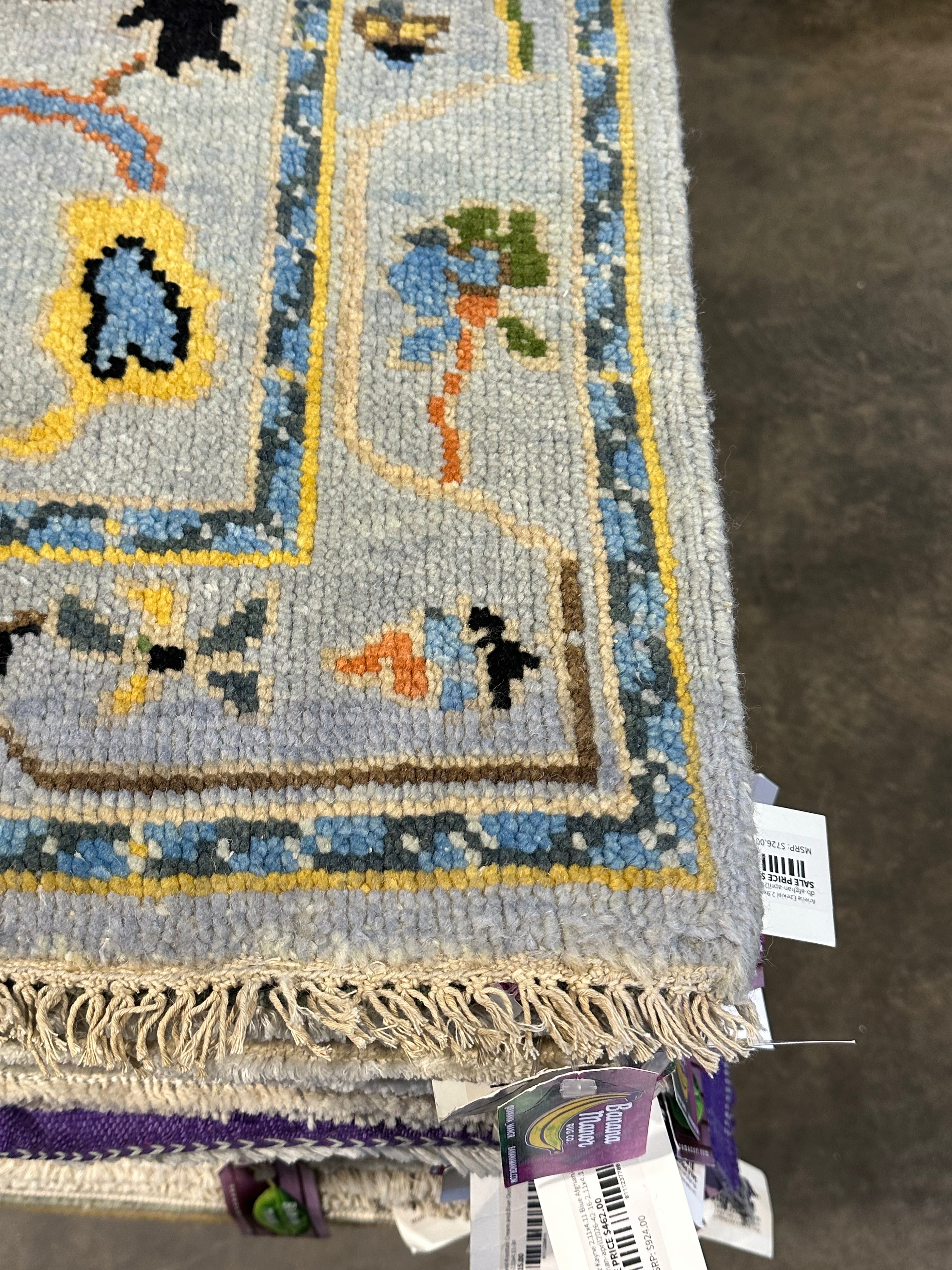 Caroline Aaron 3.3x5 Light Blue Hand-Knotted Oushak Rug