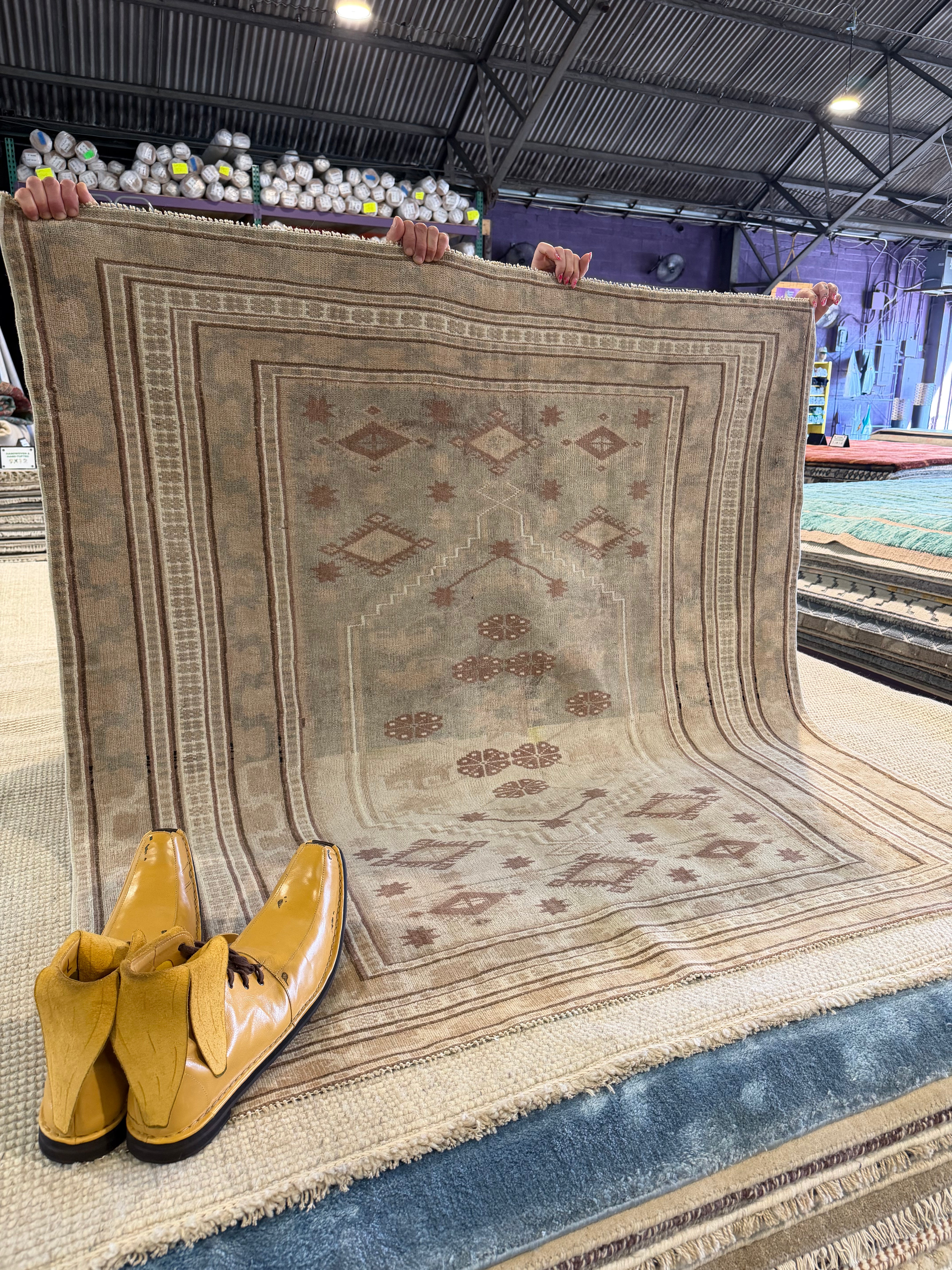 Mia Jane 4.9x4.9 Beige and Brown Hand-Knotted Vintage Turkish Oushak