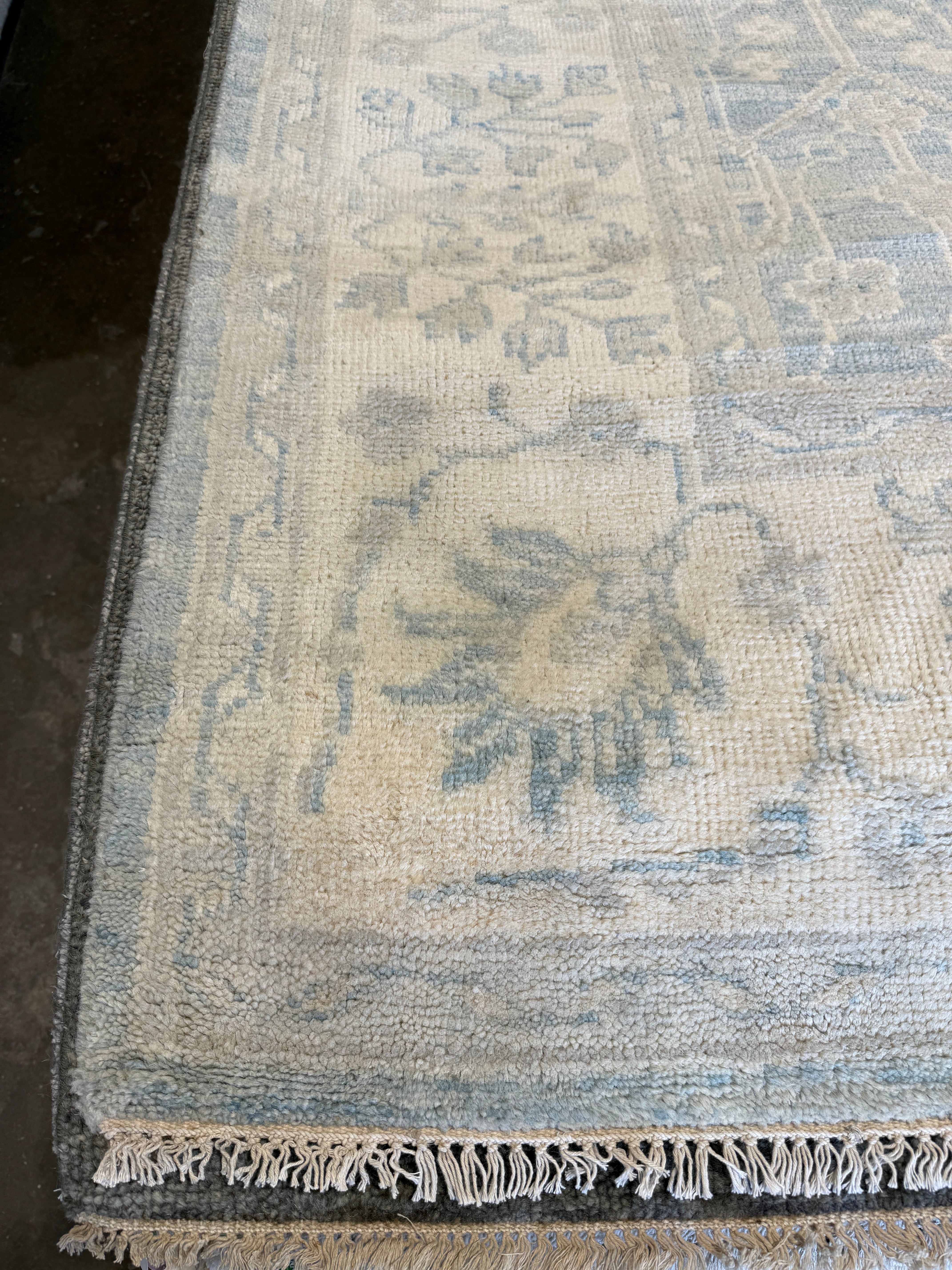 Glynis Barber 8x10.3 Hand-Knotted Oushak Rug Aqua and Tan