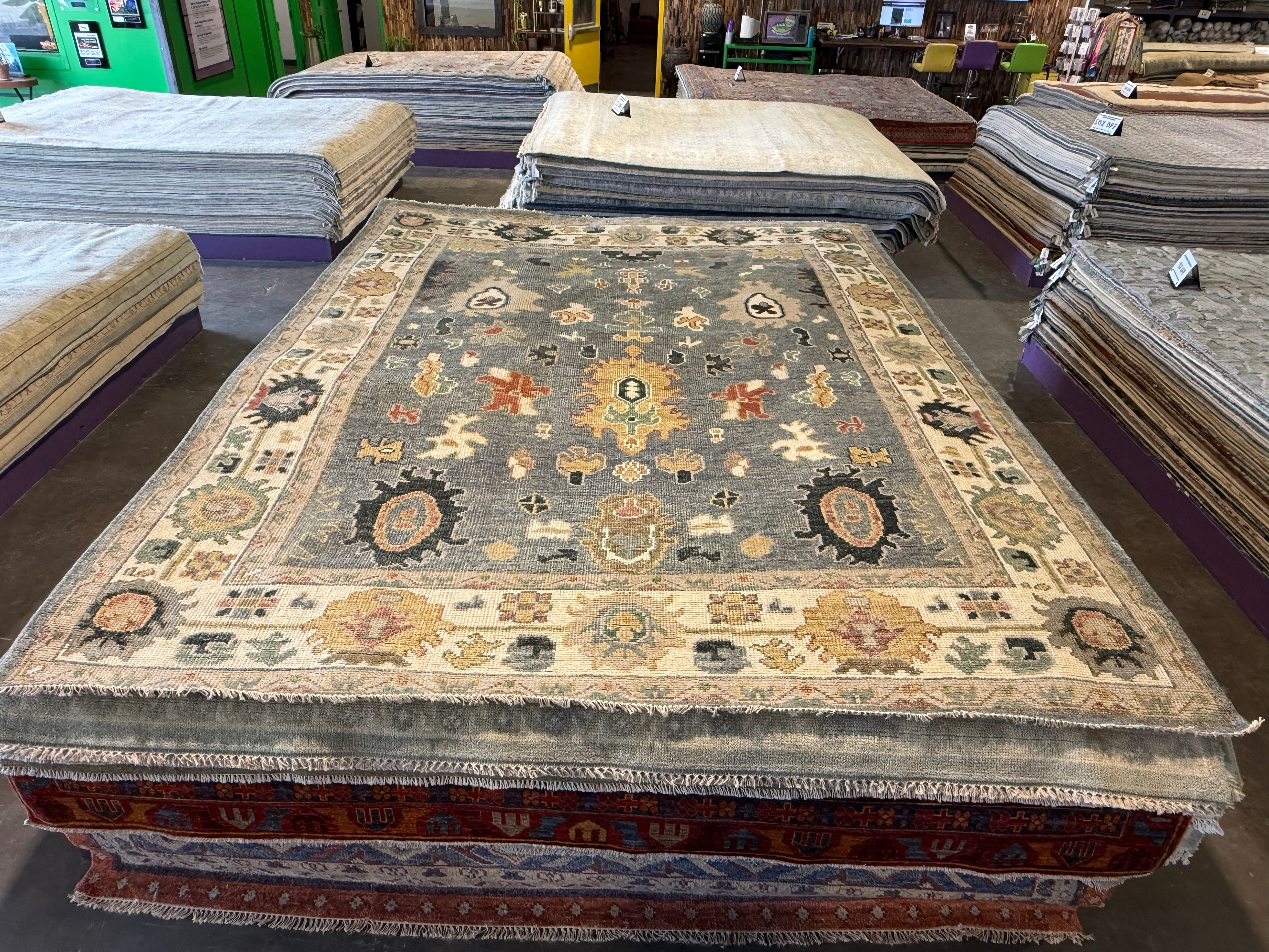 Marina Cicogna 9x12 Grey and Ivory Hand-Knotted Oushak Rug