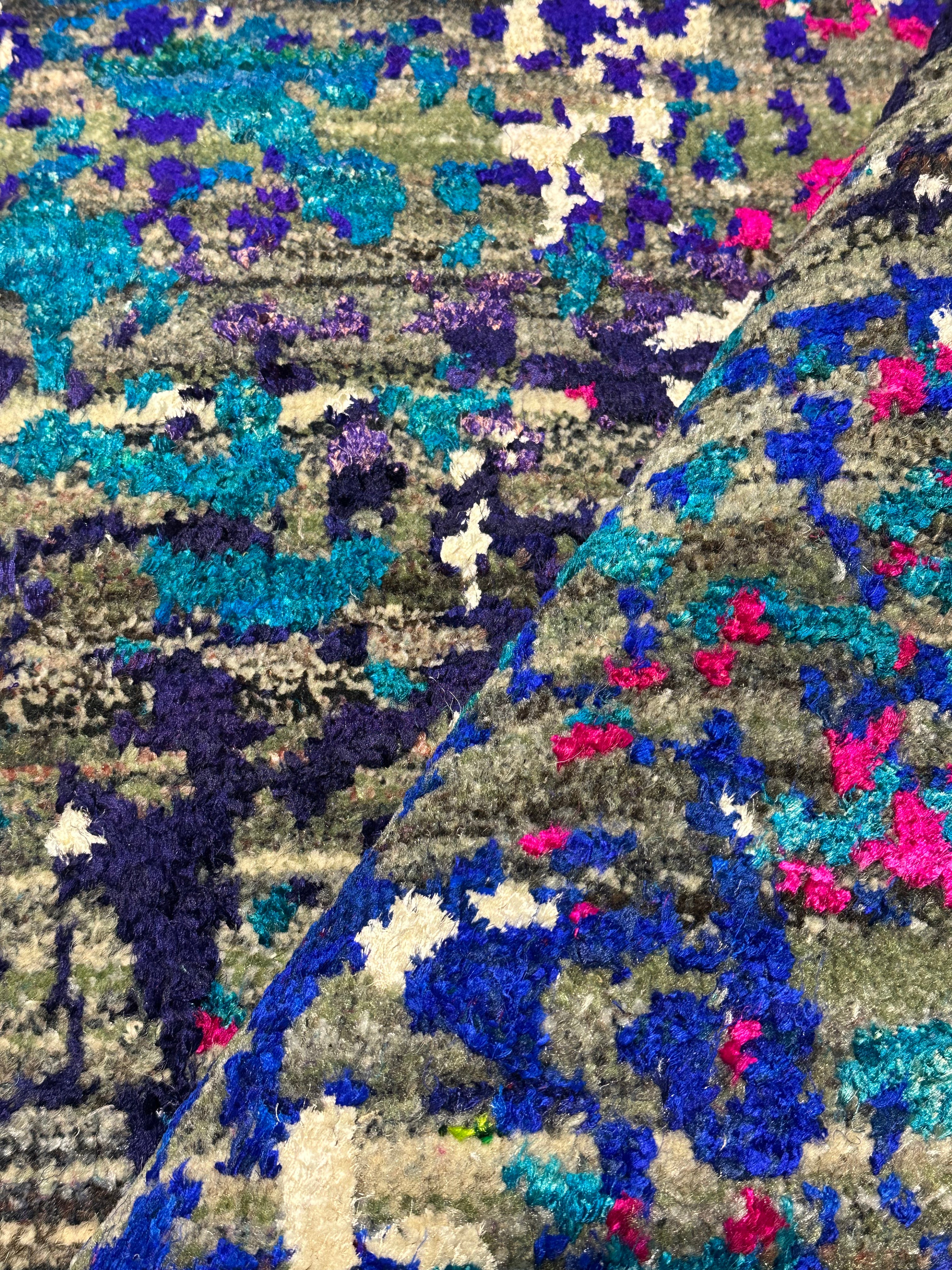 Keiko Green Hand-Knotted Blue Abstract Modern Runner - Multiple Sizes