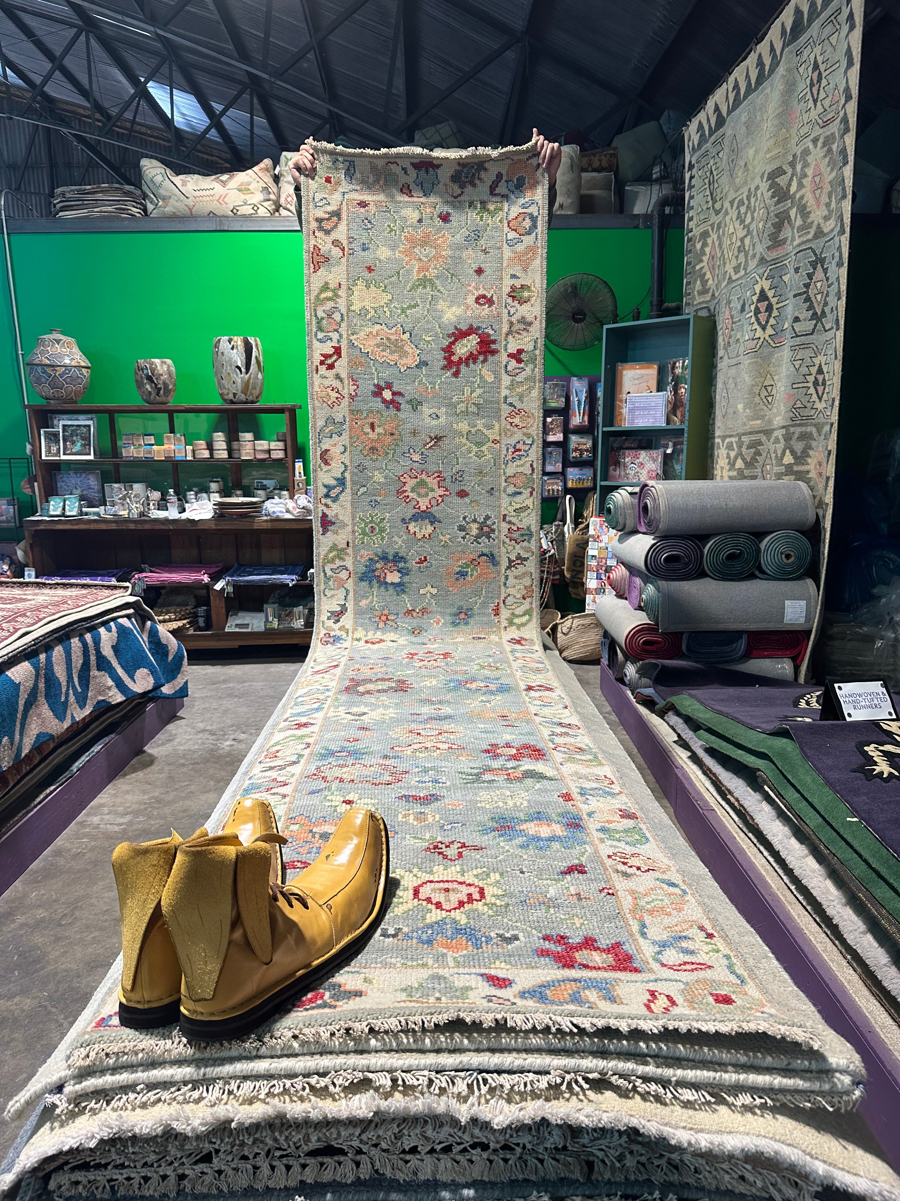 Emily Bergl 2.6x11.9 Light Green Hand-Knotted Oushak Runner