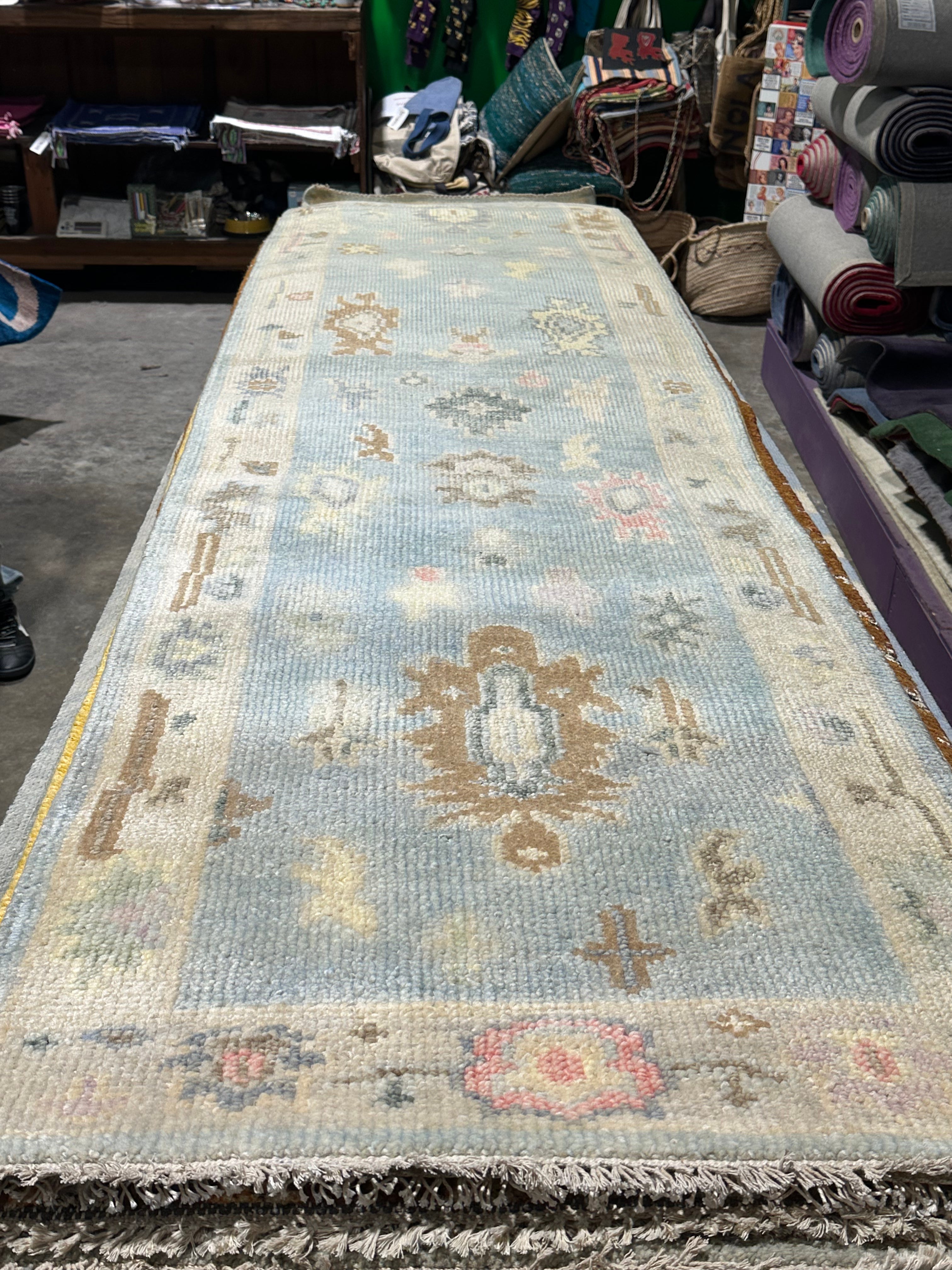 Caitlin McGee 2.6x12 Light Blue Hand-Knotted Oushak Runner