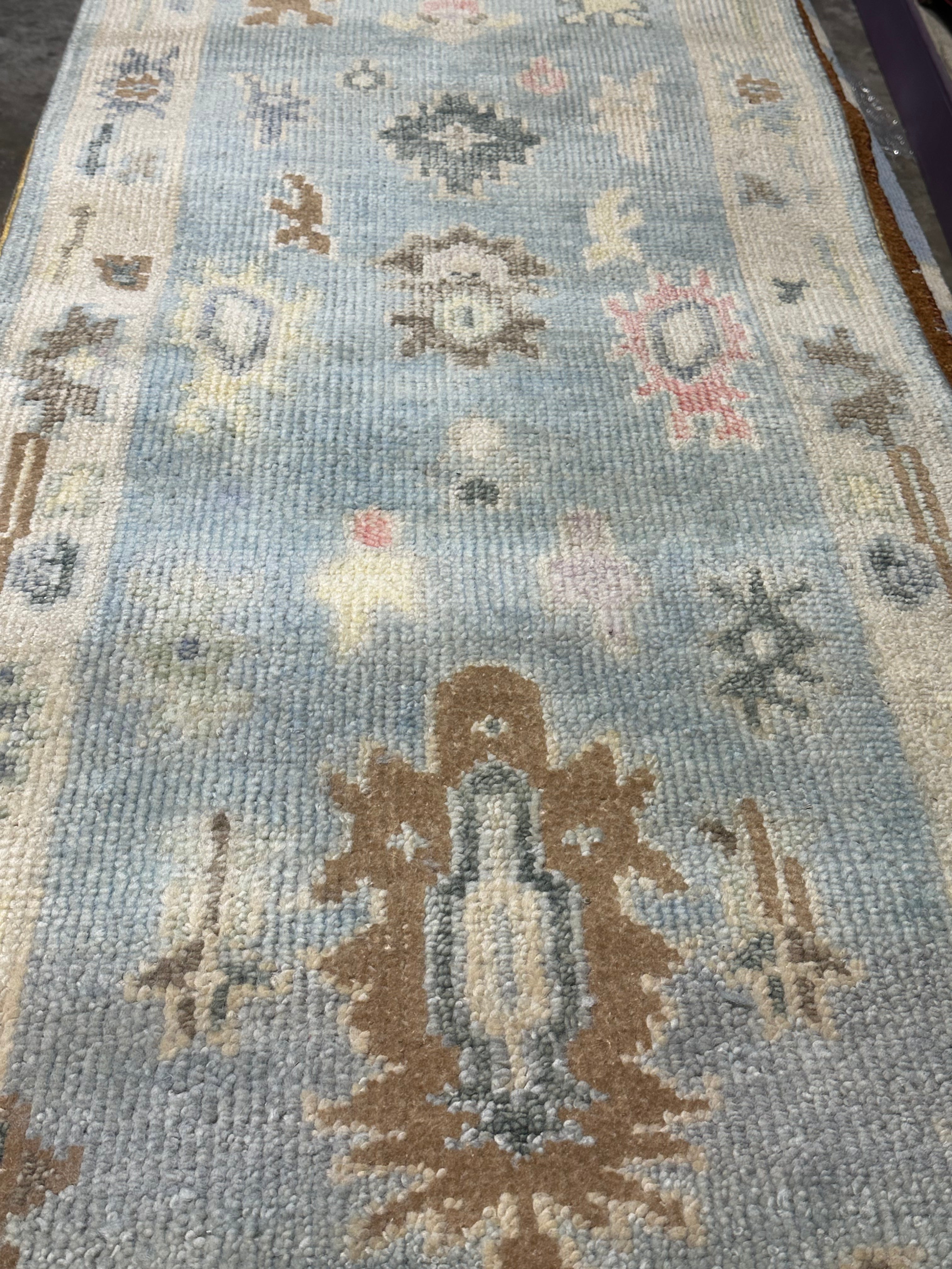 Caitlin McGee 2.6x12 Light Blue Hand-Knotted Oushak Runner