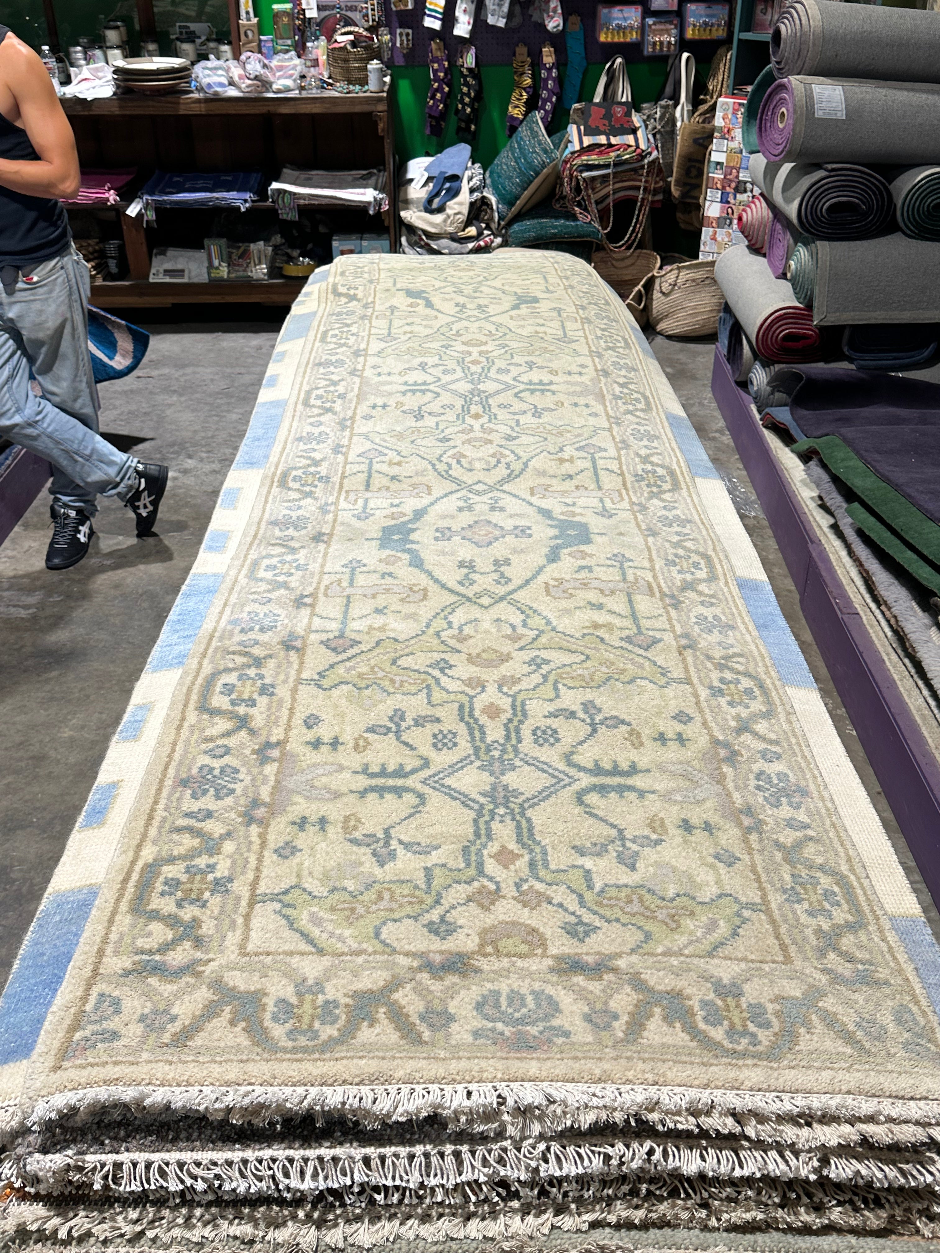 Miriam Maisel 2.6x13.9 Beige Hand-Knotted Oushak Runner
