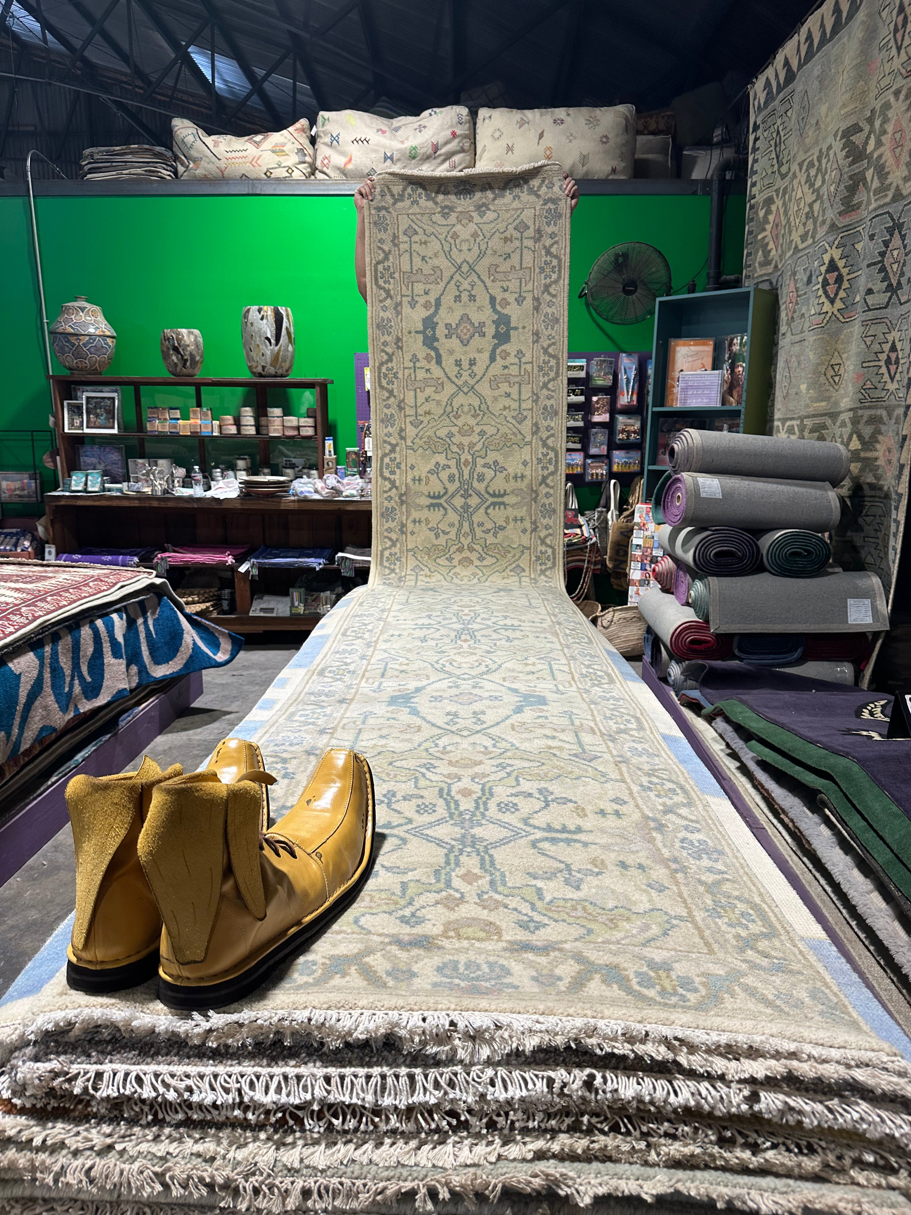 Miriam Maisel 2.6x13.9 Beige Hand-Knotted Oushak Runner