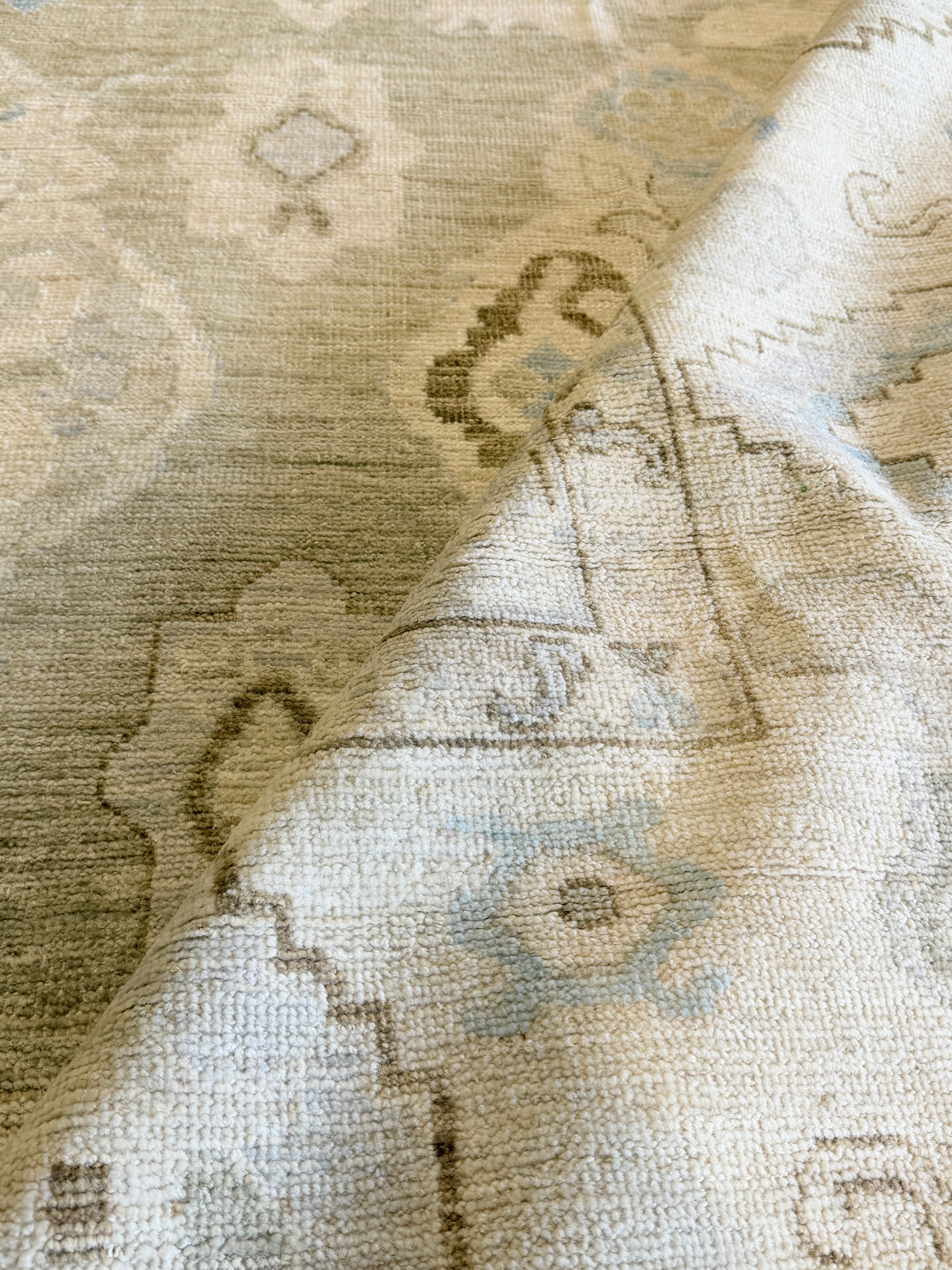 Belinda Waddell 13.1x15 Cream and Green Hand-Knotted Oushak