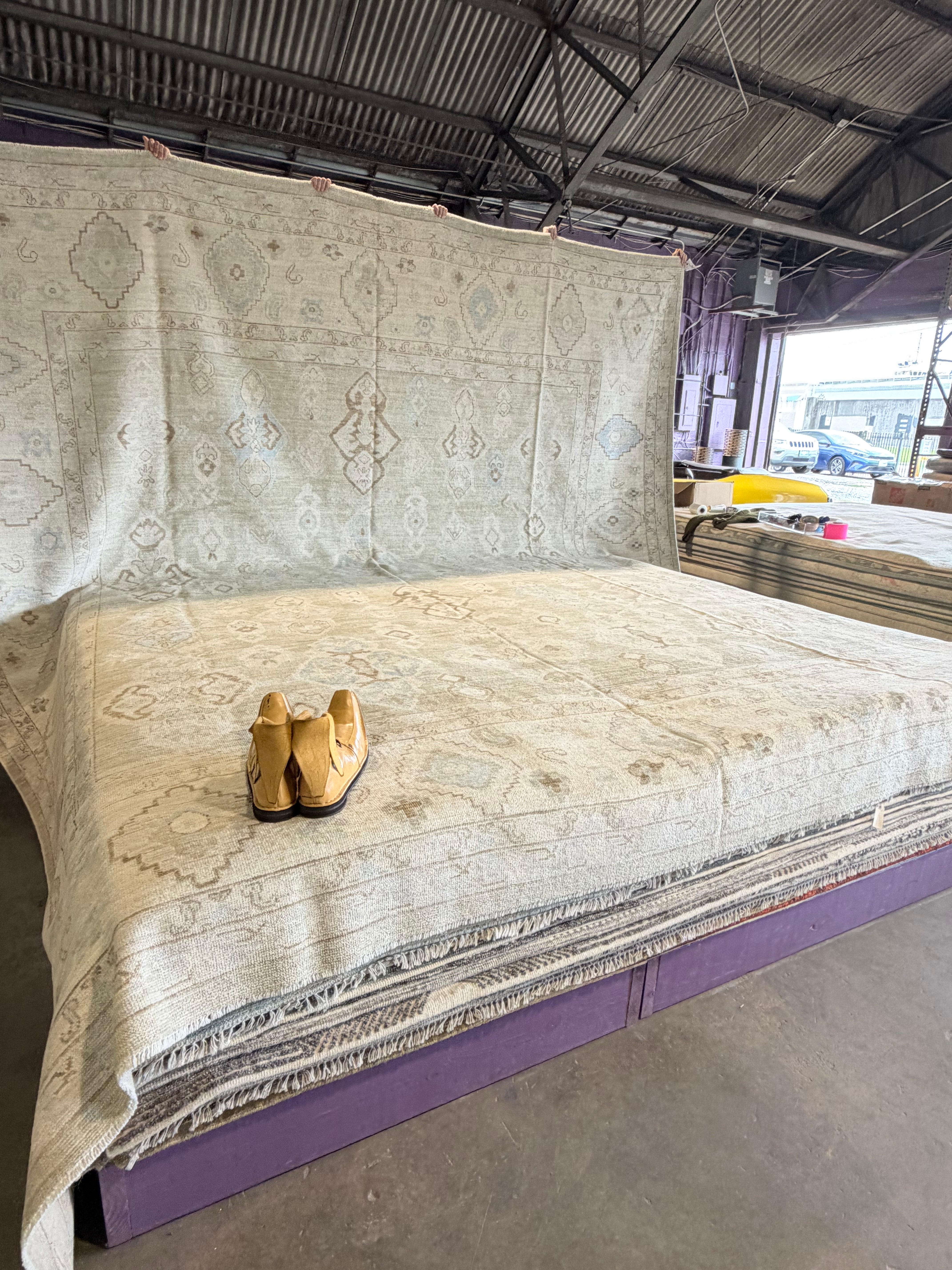 Belinda Waddell 13.1x15 Cream and Green Hand-Knotted Oushak