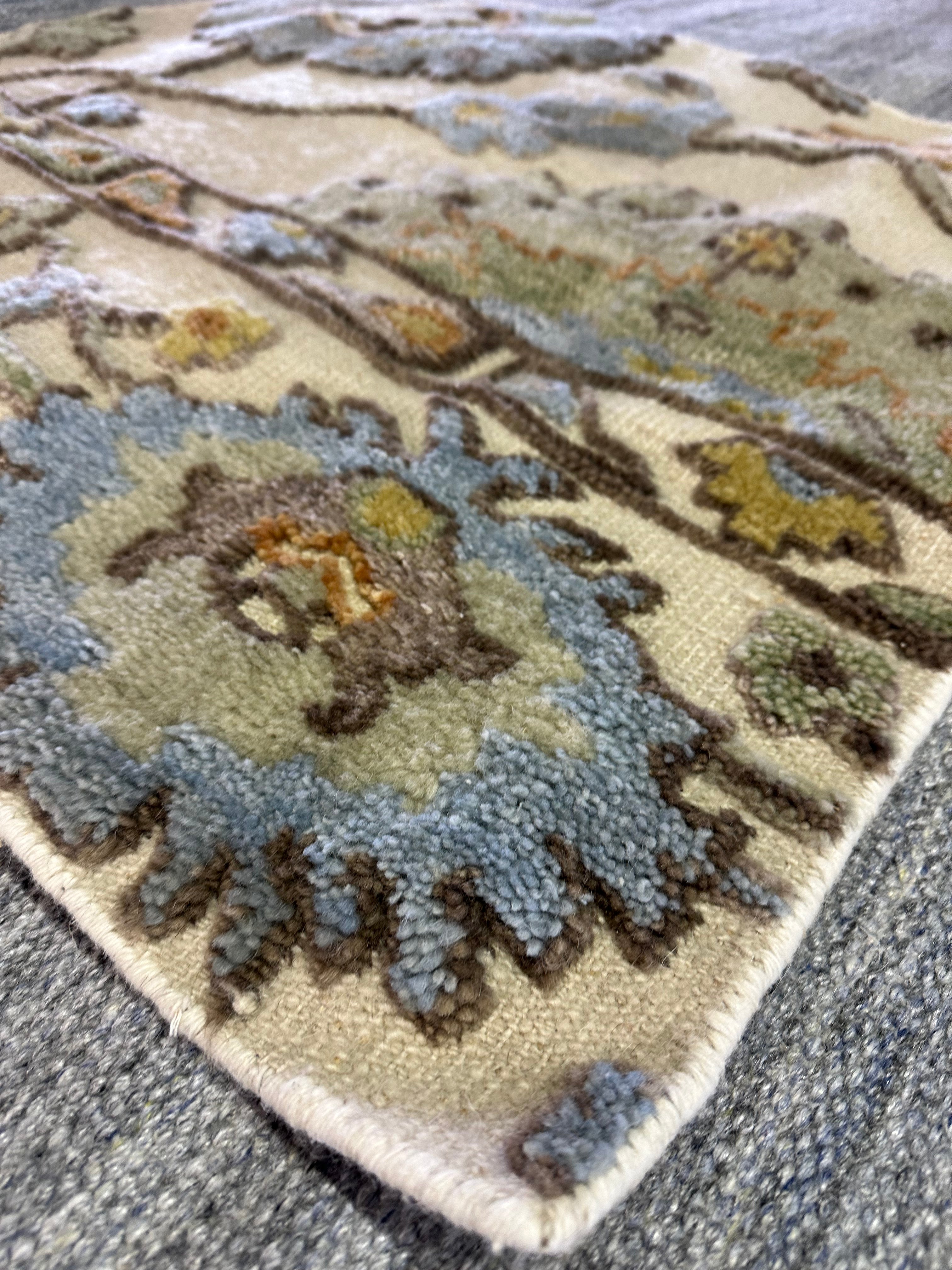 Flower Power 3x3 Ivory & Blue Hand-Knotted Oushak Rug