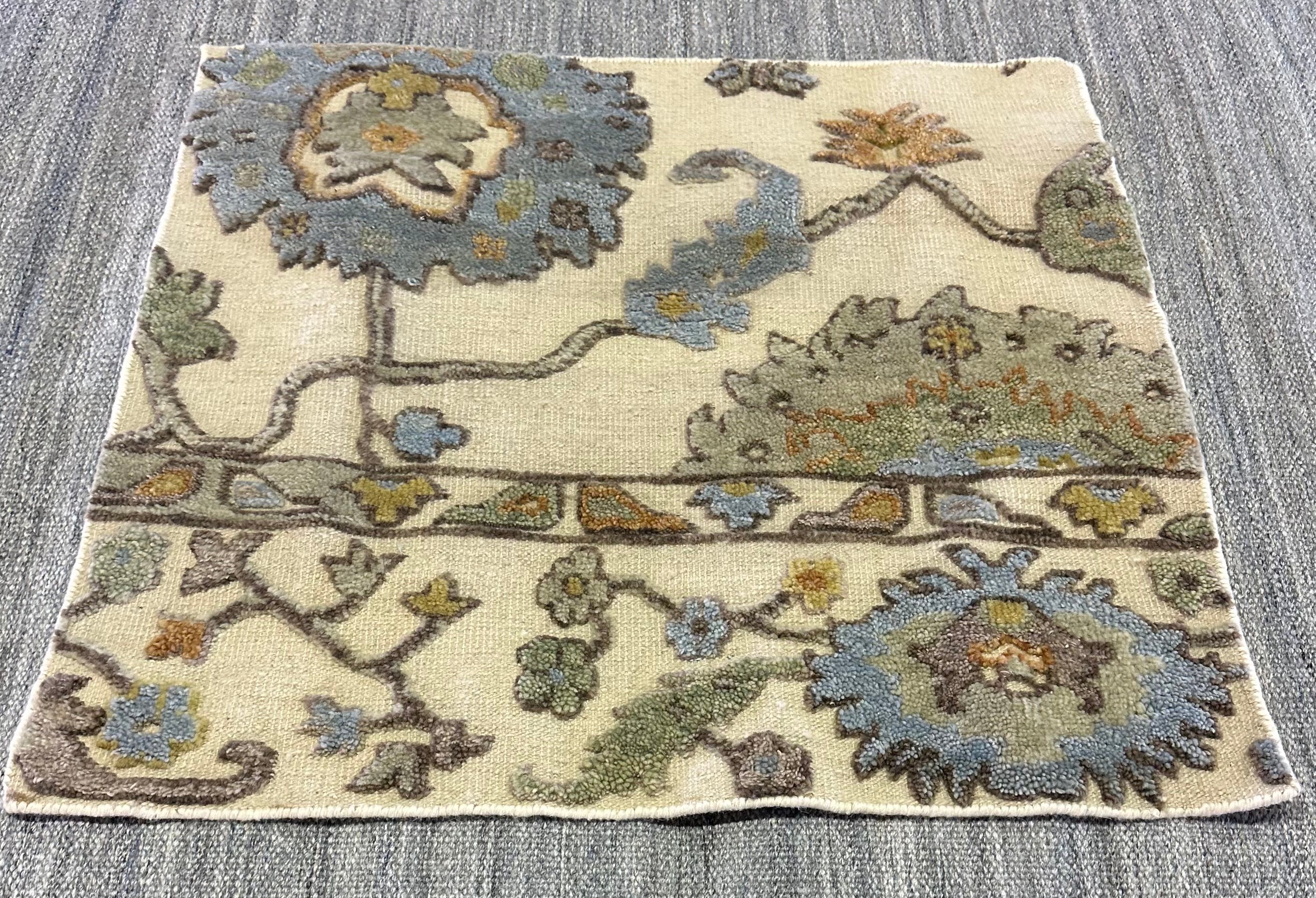 Flower Power 3x3 Ivory & Blue Hand-Knotted Oushak Rug