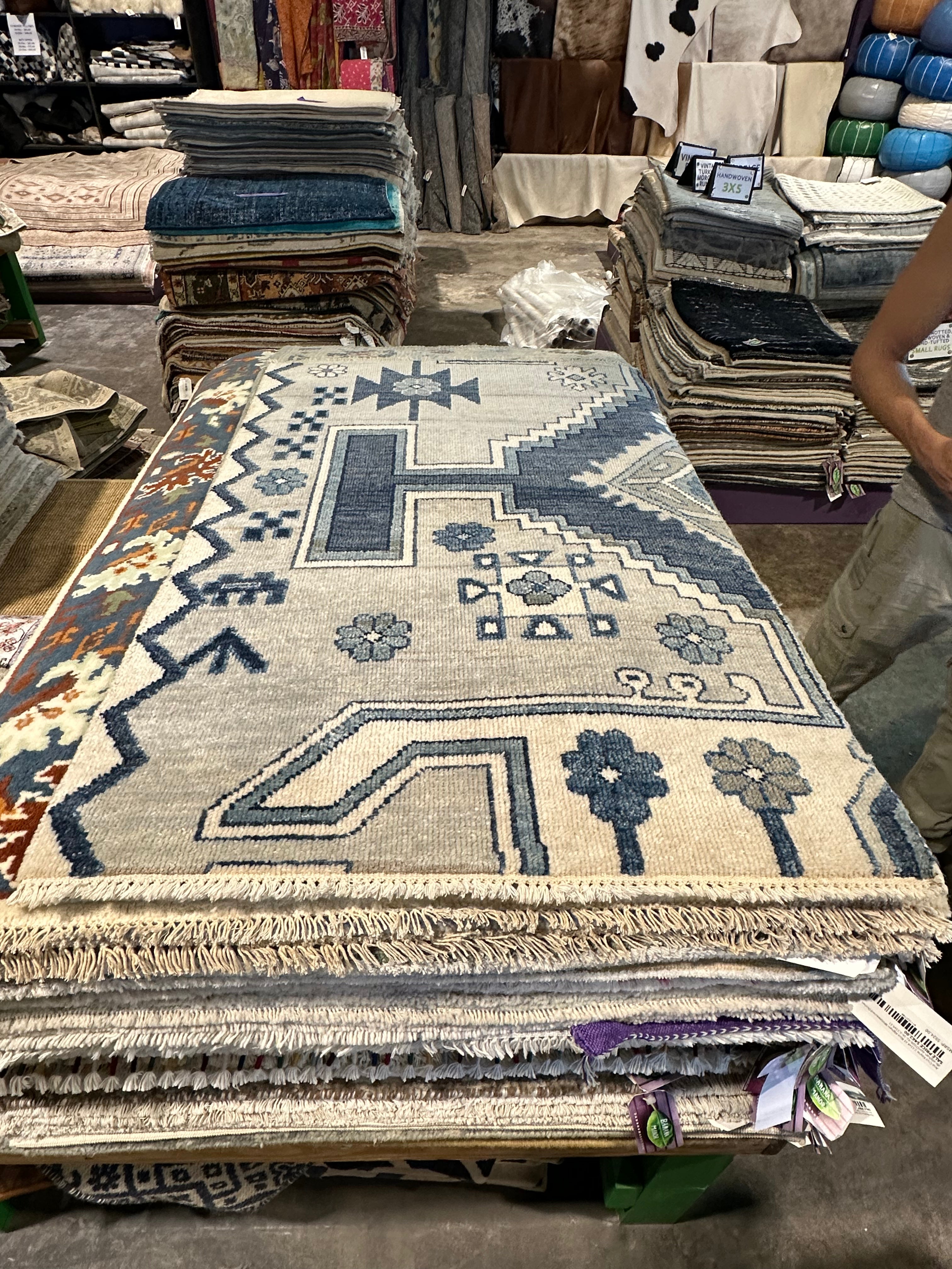 Hellen Cane 2.3x4.6 Blue & Grey Hand-Knotted Oushak Rug