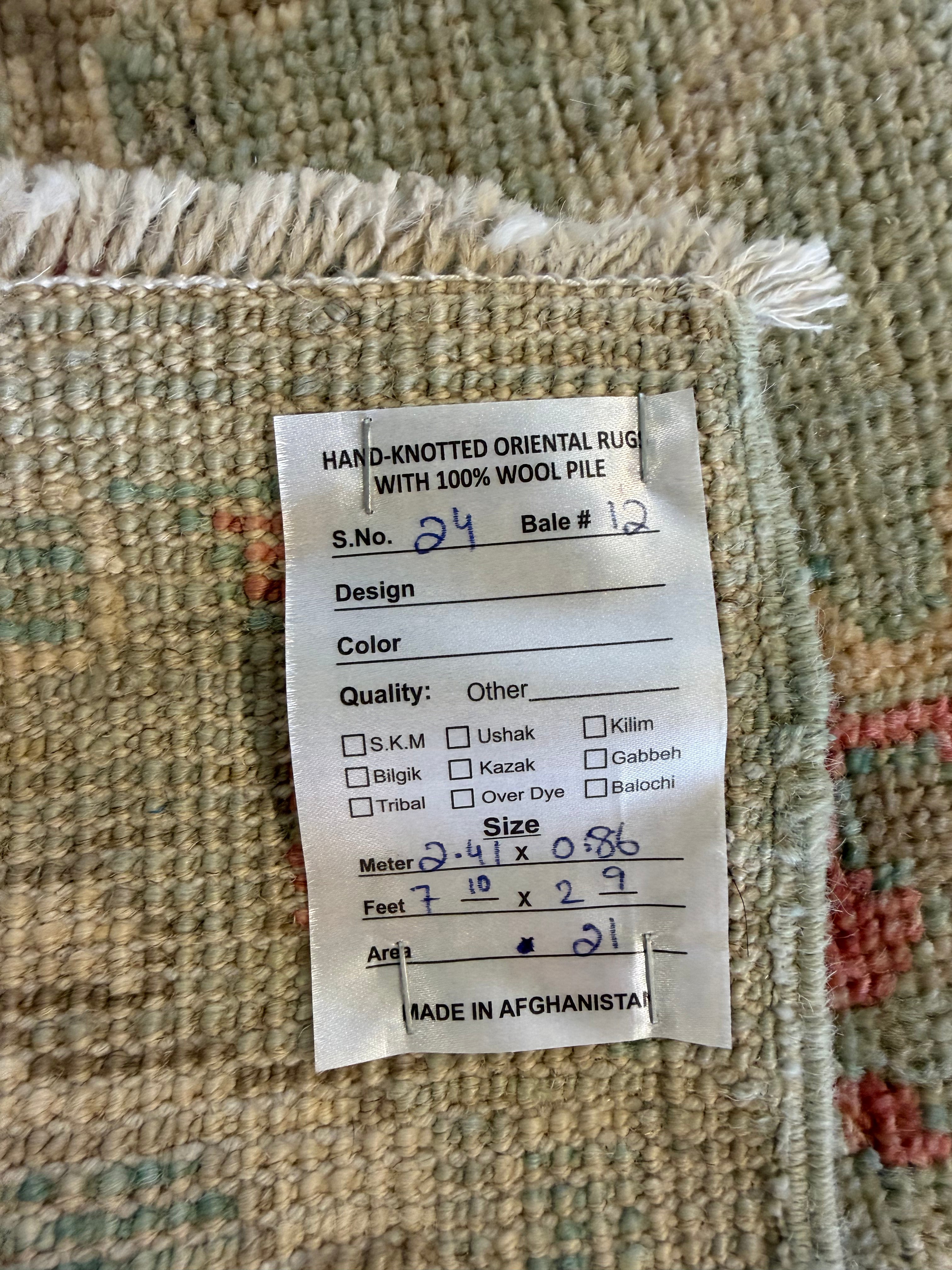 Annie Lancaster 2.9x7.10 Green Afghani Whitewashed Oushak Runner