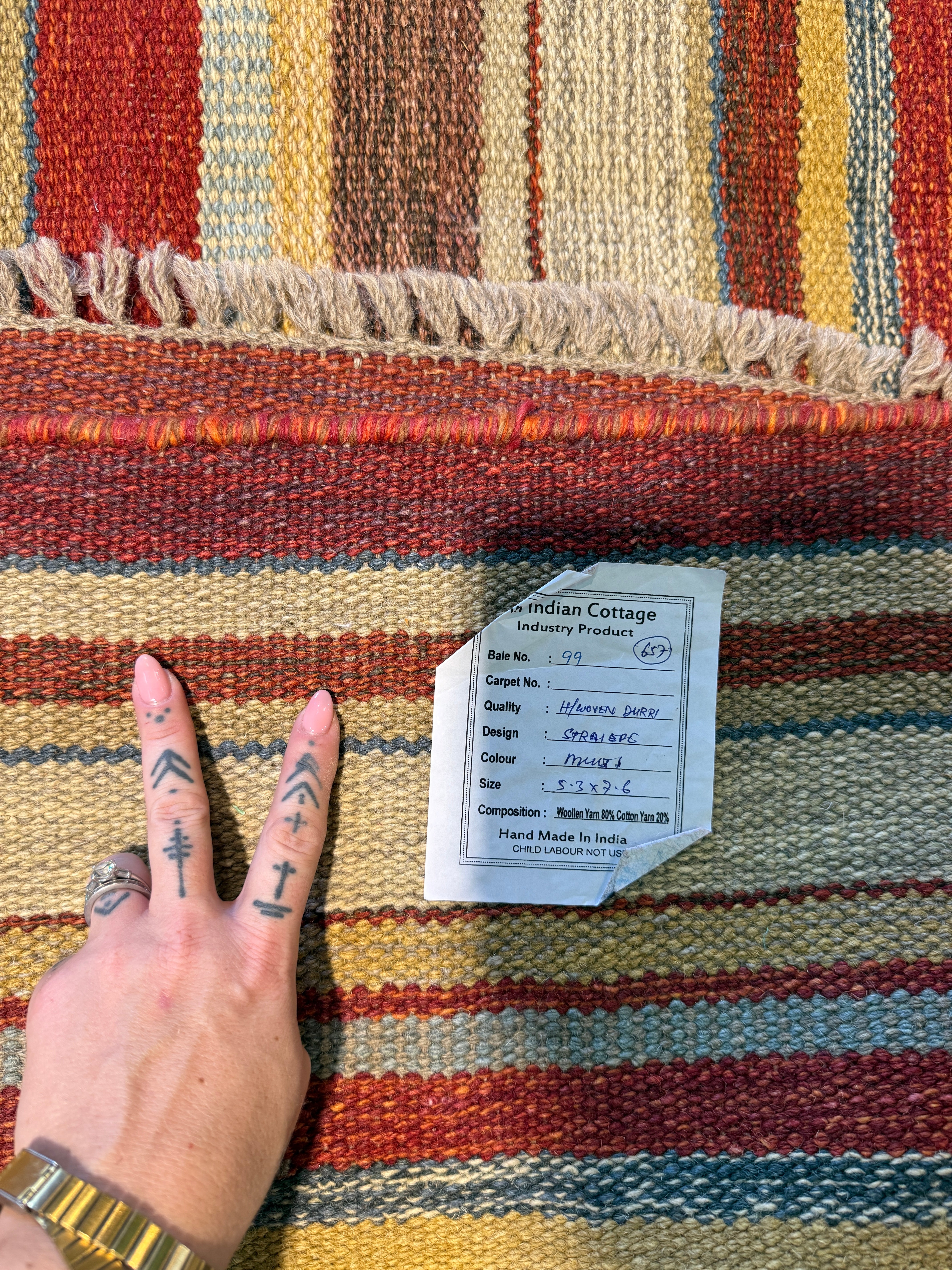 Tim 5.3x7.6 Hand-Woven Durrie Multi Colored Stripe