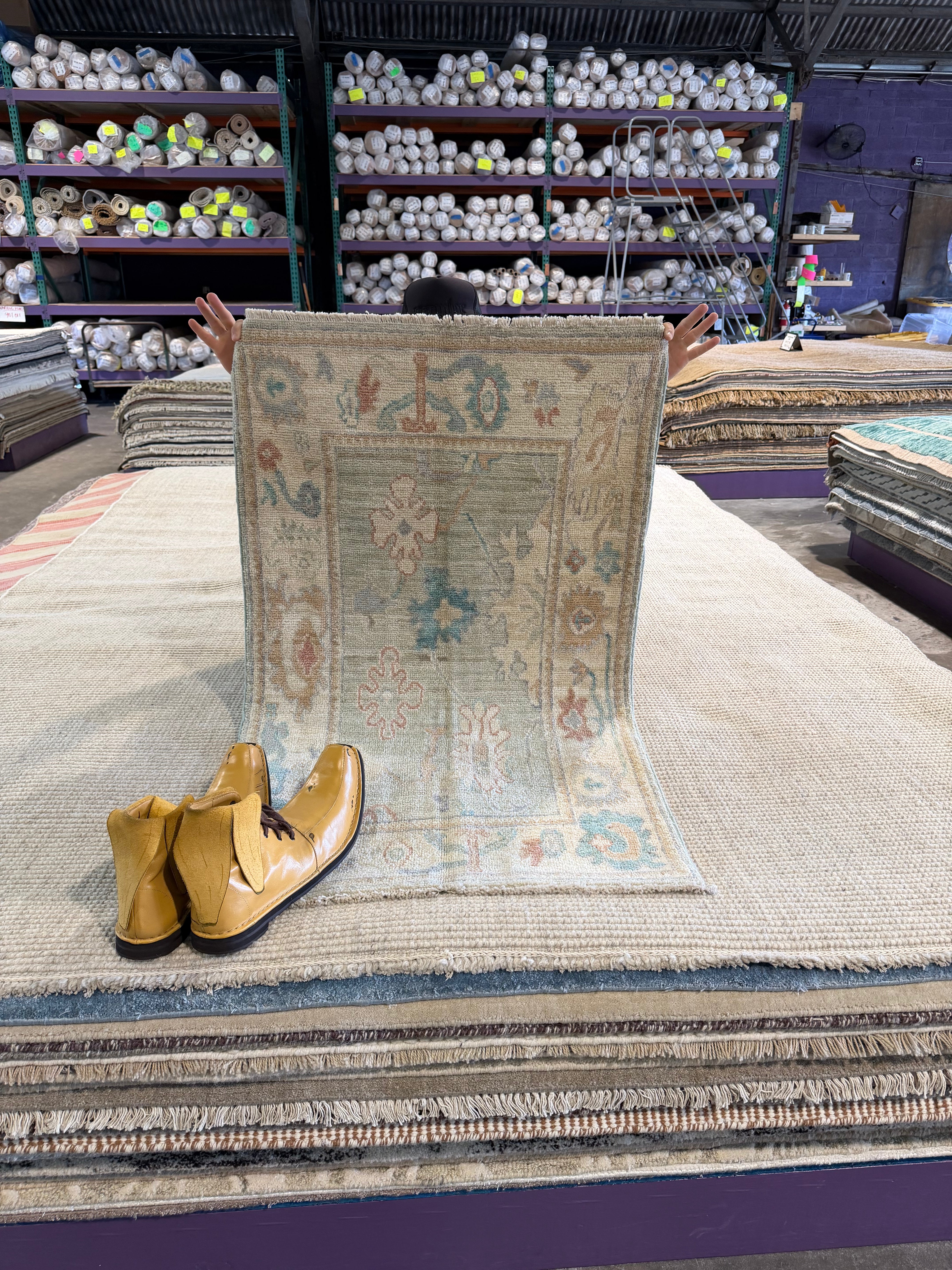 Jennifer Underwood 2.6x4.2 Green Afghani Whitewashed Oushak