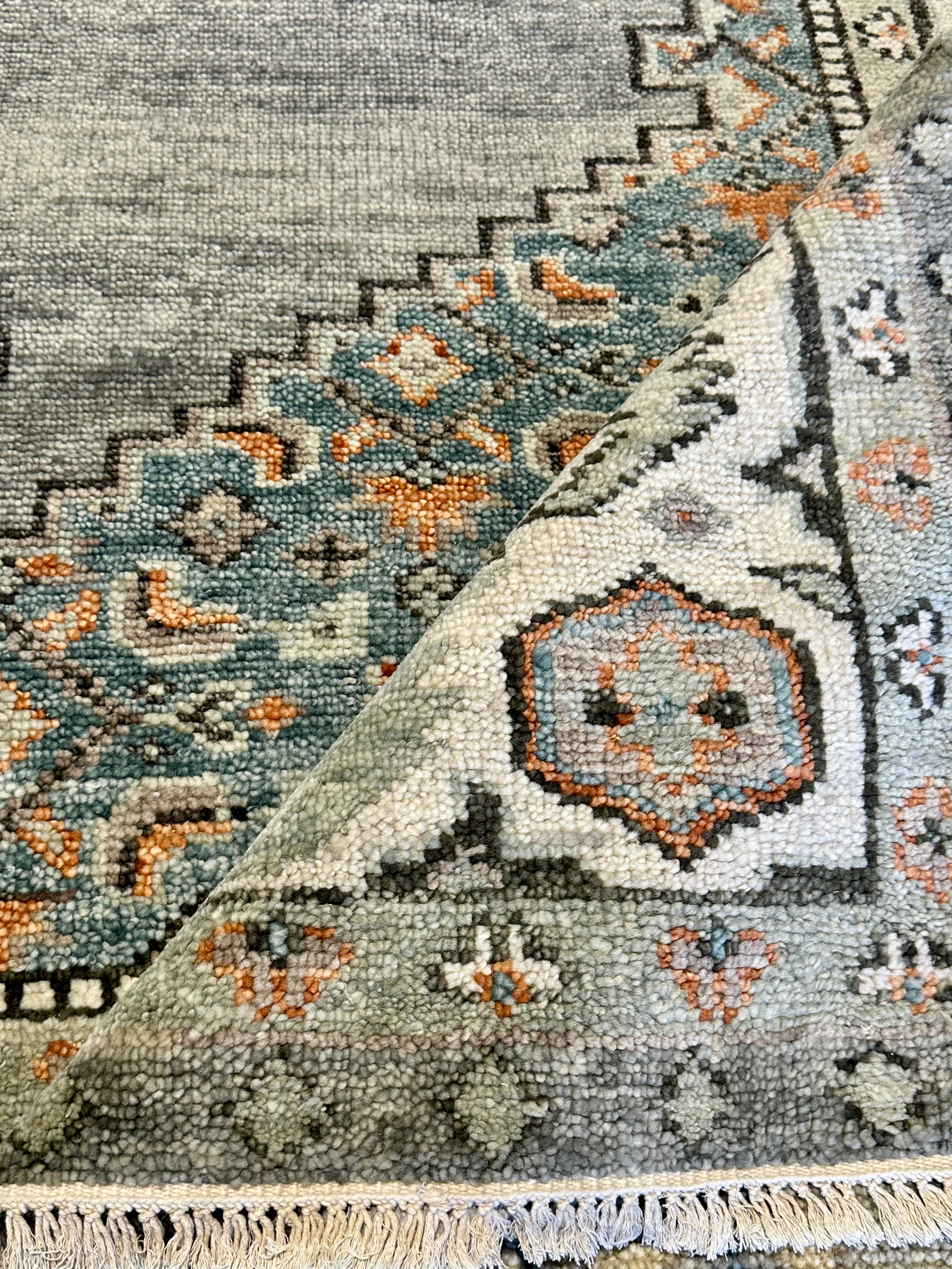 Rose Byrne 8.3x10 Hand-Knotted Oushak Rug Grey and Ivory