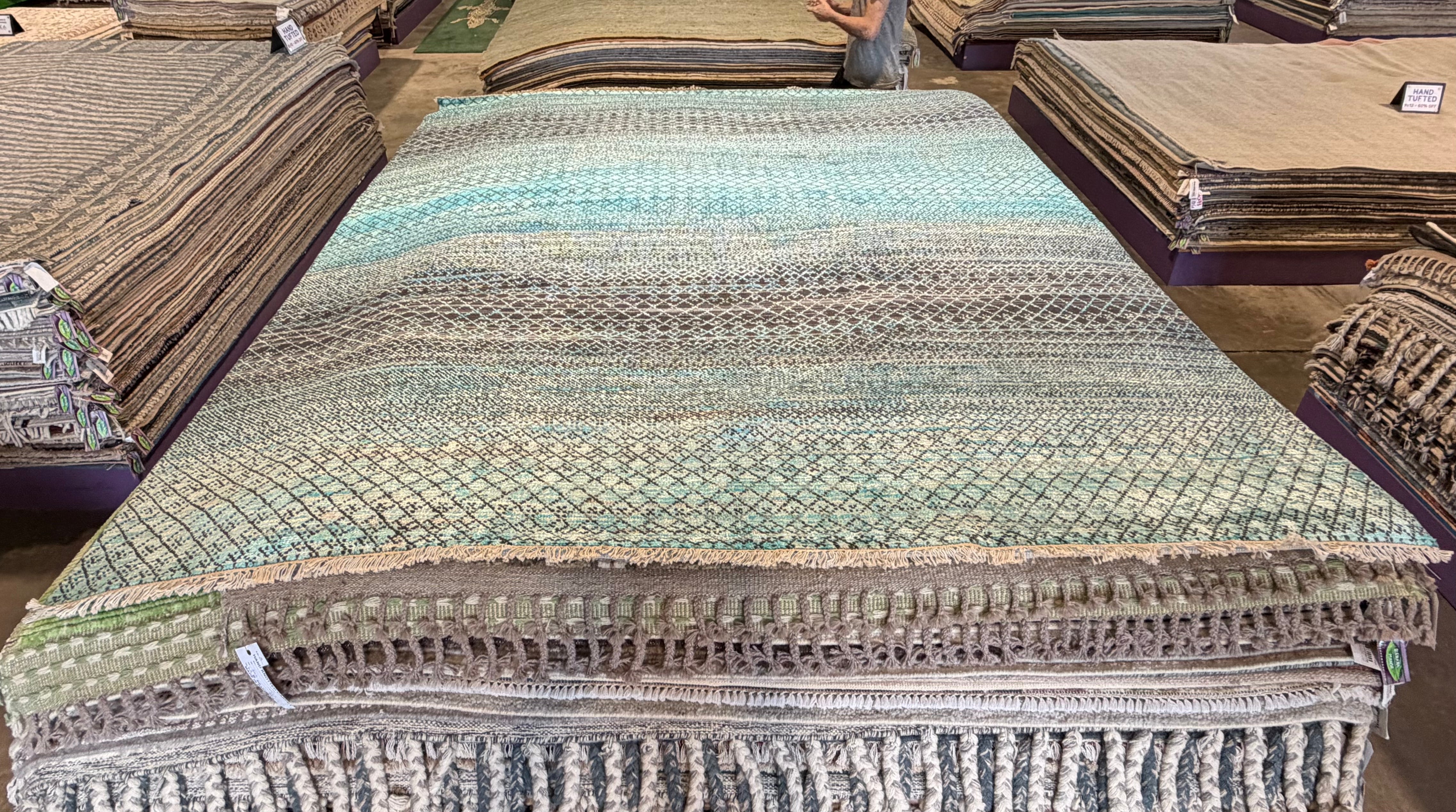 Philip Granger 8x10 Blue Hand-Knotted Grass Style Rug