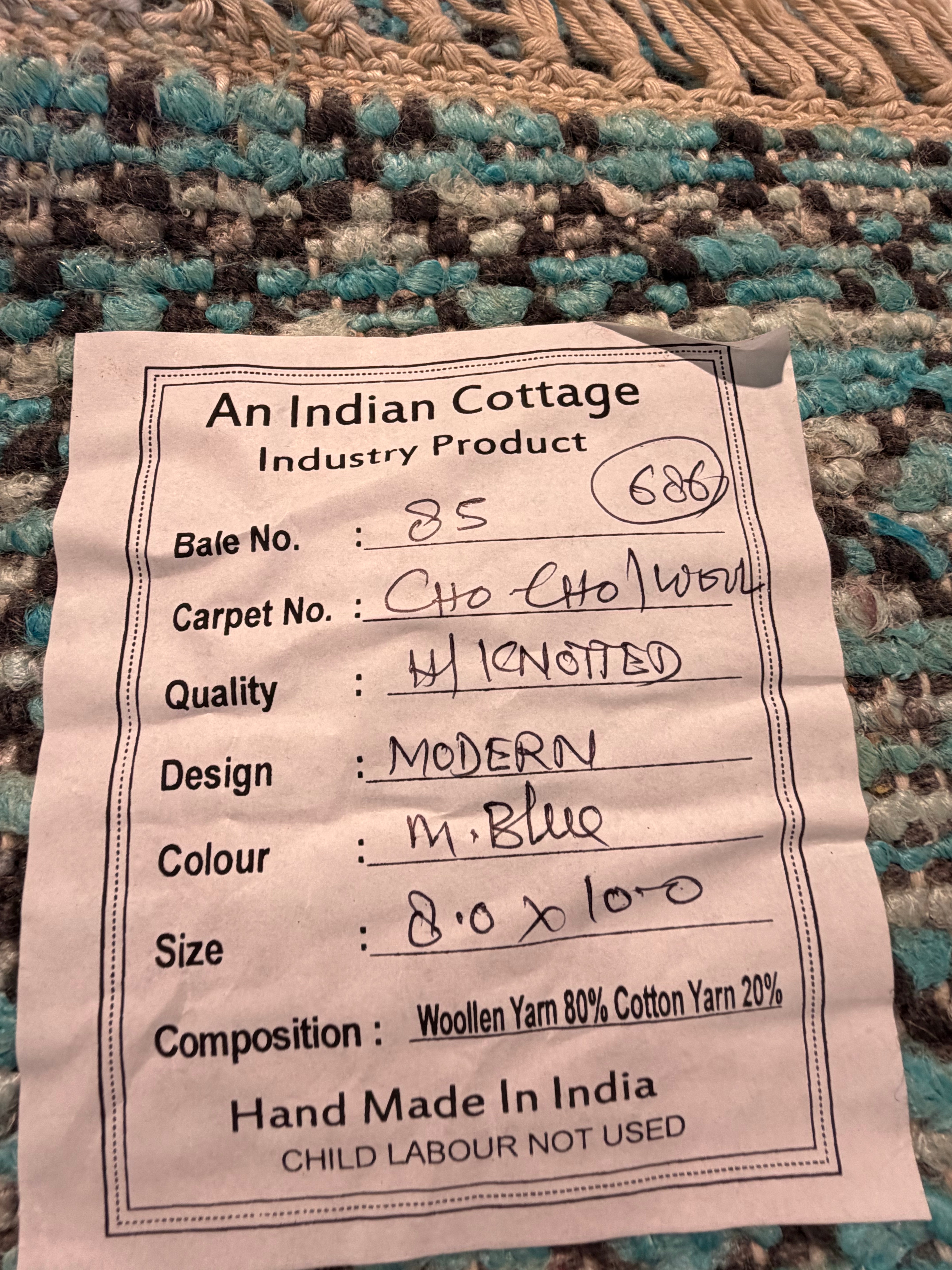 Philip Granger 8x10 Blue Hand-Knotted Grass Style Rug